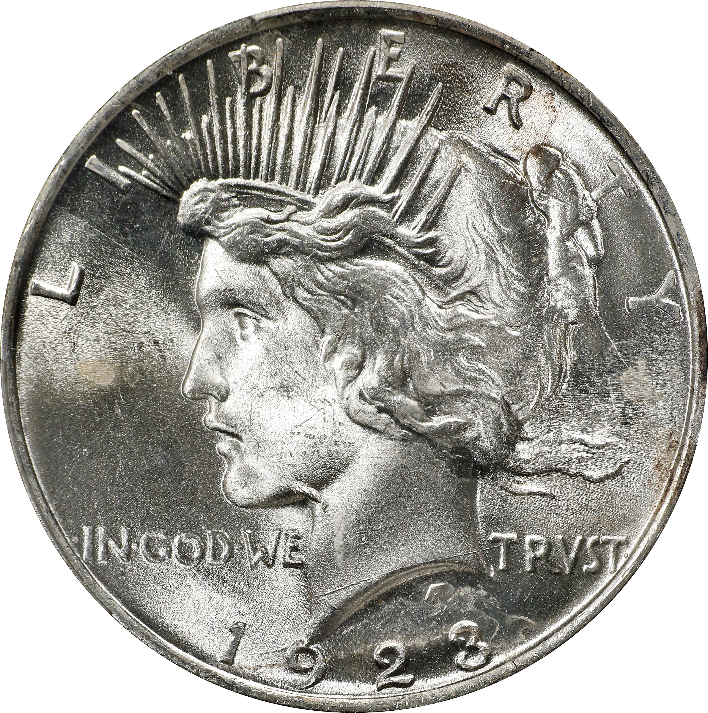 1923 Peace Silver Dollar. VAM-1A. Top 50 Variety. Whisker Jaw. MS-64 (PCGS).