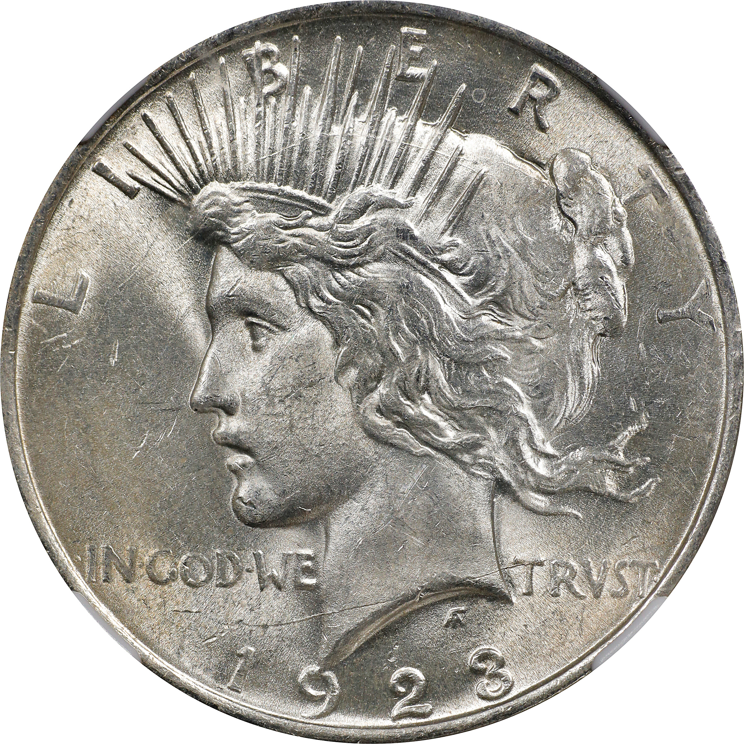 1923 Peace Silver Dollar. VAM-1O. Top 50 Variety. Early Die State. Bar Wing. MS-62 (NGC). CAC. Wayne Miller Signature.
