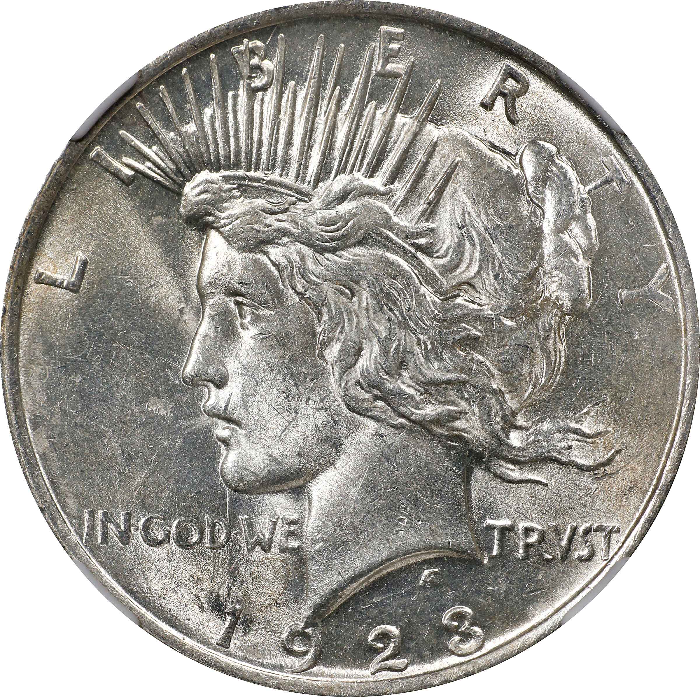 1923 Peace Silver Dollar. VAM-1F. Top 50 Variety. Chin Bar. MS-61 (NGC). Wayne Miller Signature.