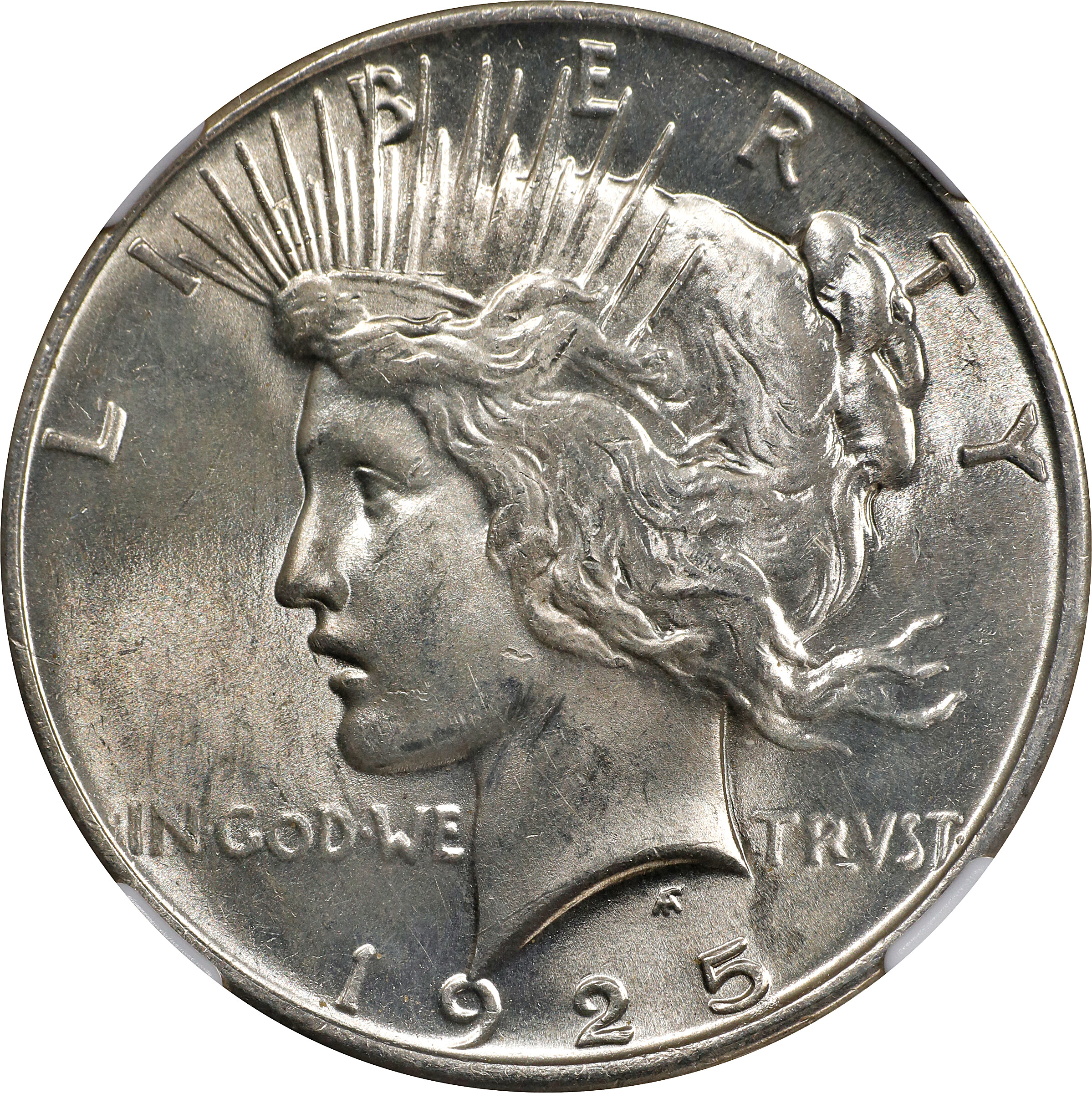 1925 Peace Silver Dollar. VAM-1A. Top 50 Variety. Line in Tiara. MS-63 (NGC). Wayne Miller Signature.