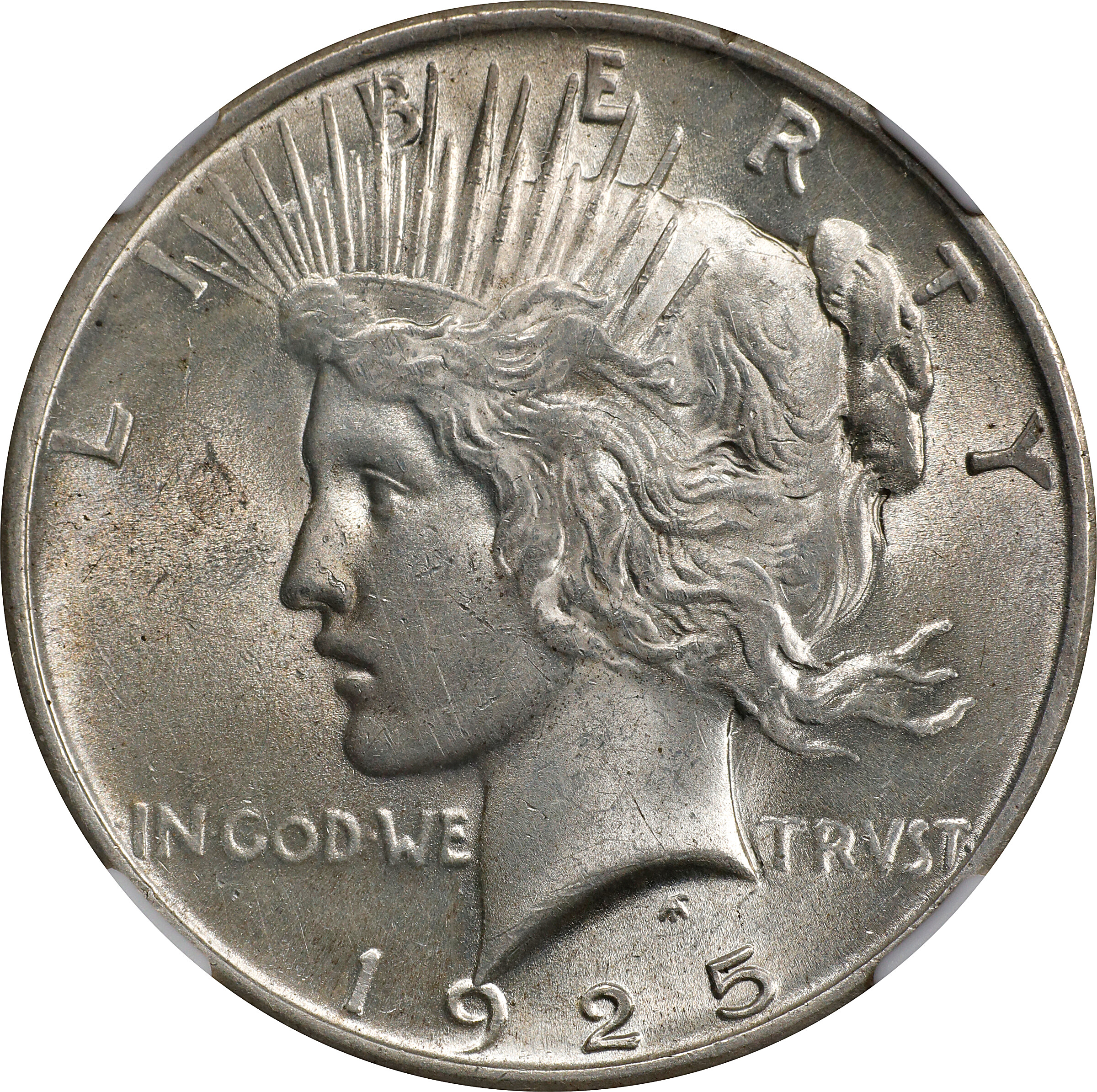 1925 Peace Silver Dollar. VAM-1T. Top 50 Variety. Missing Ray. MS-62 (NGC).