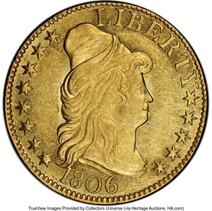 image for: 1806 $5 Pointed 6, 8x5 Stars, BD-3, R.7, AU58 PCGS....