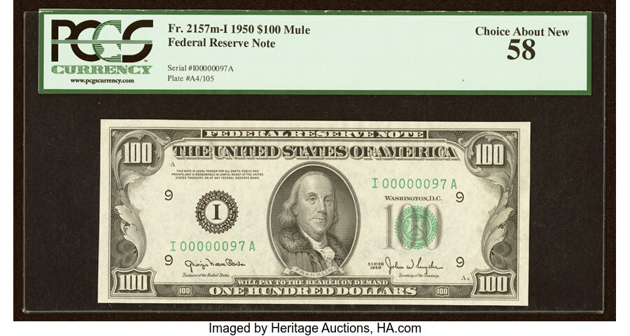 Low Serial Number 97 Fr. 2157-I $100 1950 Mule Federal Reserve Note. PCGS Choice About New 58....