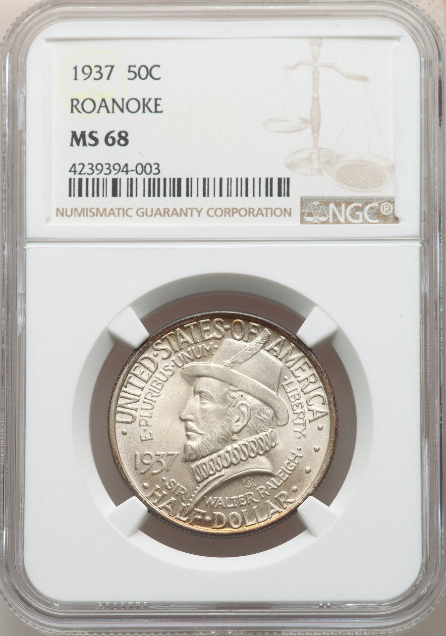 1937 50C Roanoke MS68 NGC. NGC Census: (34/0). PCGS Population: (32/0). MS68. Mintage 29,030. From The Puccini Collec...