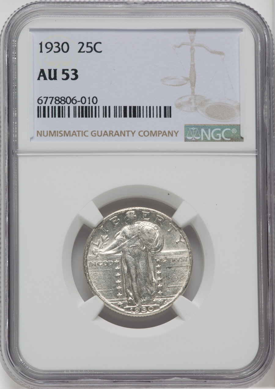 1930 25C AU53 NGC. NGC Census: (106/1477). PCGS Population: (90/2214). CDN: $70 Whsle. Bid for NGC/PCGS AU53. Mintage 5,632...