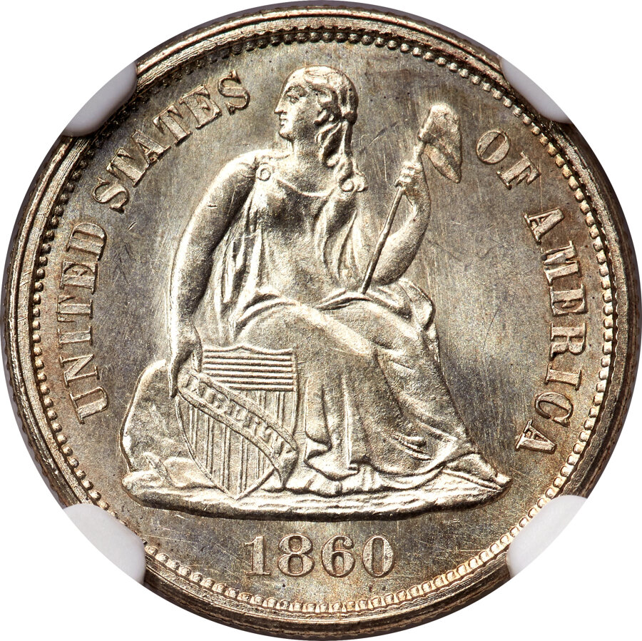 image for: 1860 10C Doubled Die Obverse, F-106, R.4, MS67 NGC....