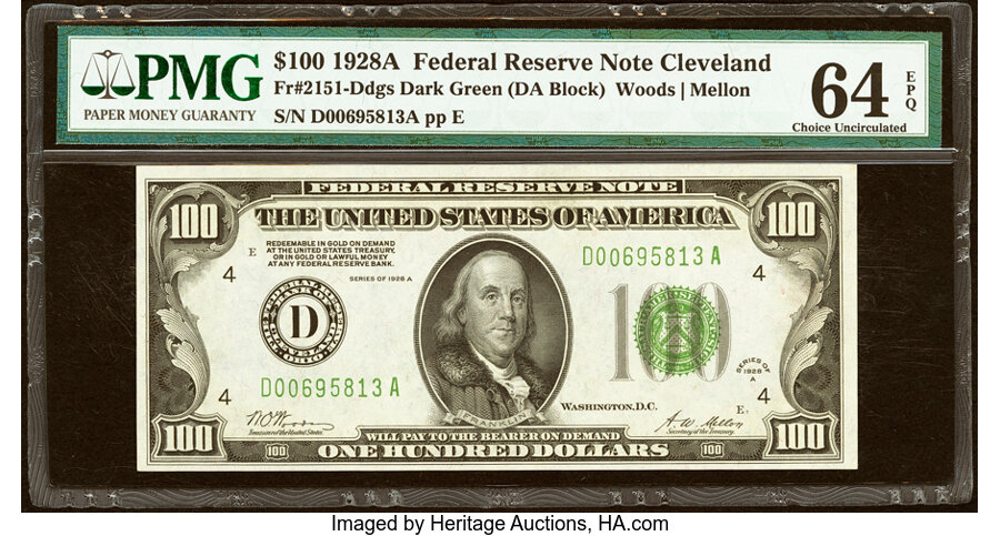 Fr. 2151-D $100 1928A Federal Reserve Note. PMG Choice Uncirculated 64 EPQ....