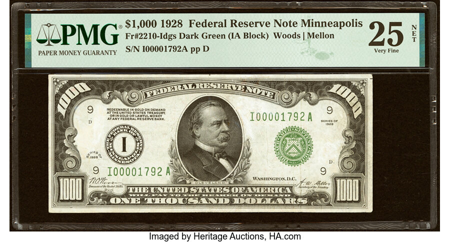 Fr. 2210-I $1,000 1928 Federal Reserve Note. PMG Very Fine 25 Net....