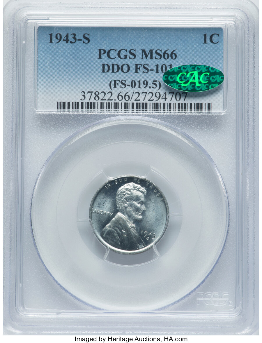 1943/2-S 1C Doubled Die Obverse, FS-101, MS66 PCGS. CAC. (FS-019.5). PCGS Population: (35/20). NGC Census: (2/0). ...