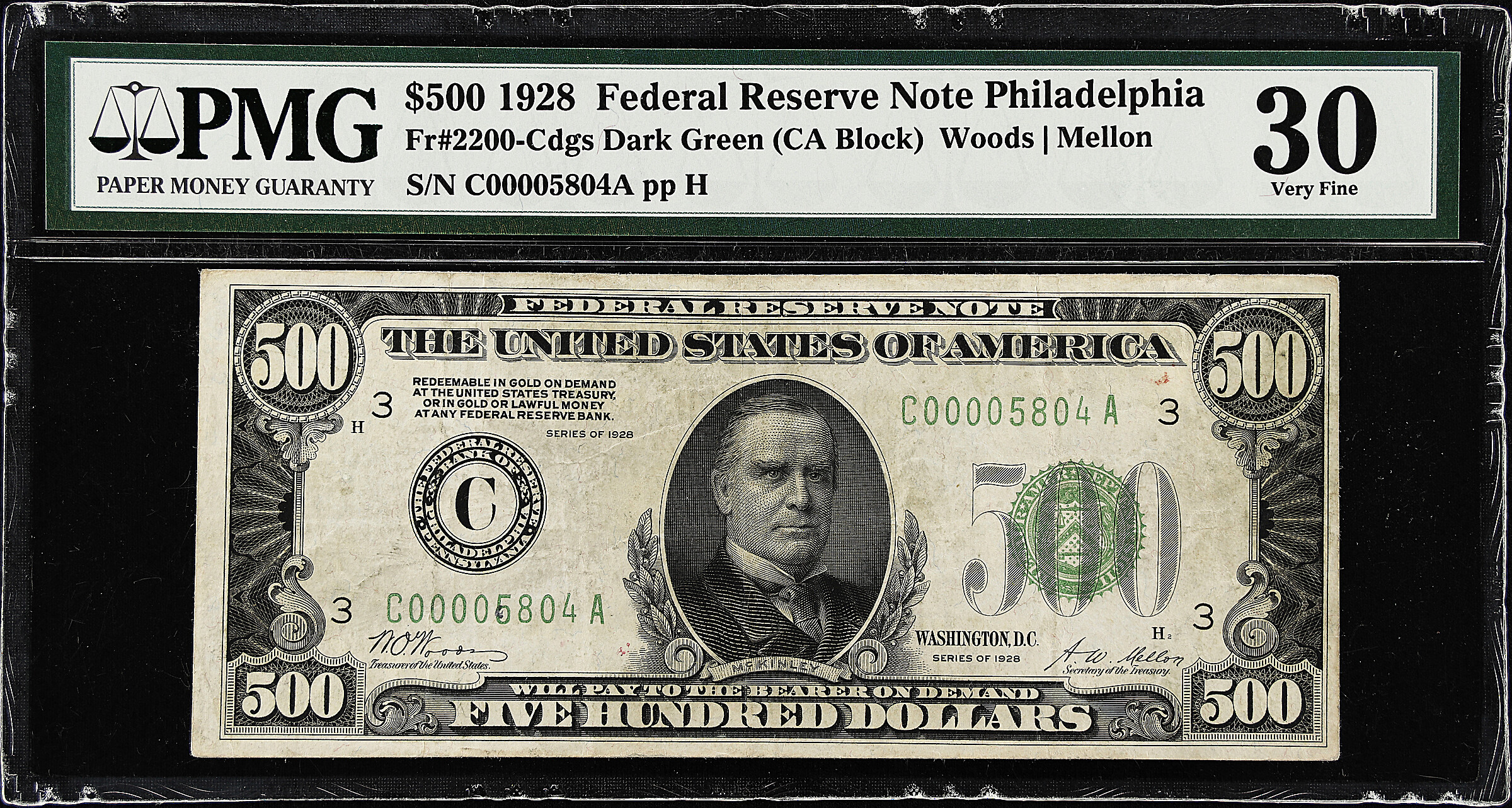 Fr. 2200-Cdgs. 1928 Dark Green Seal $500 Federal Reserve Note. Philadelphia. PMG Very Fine 30.