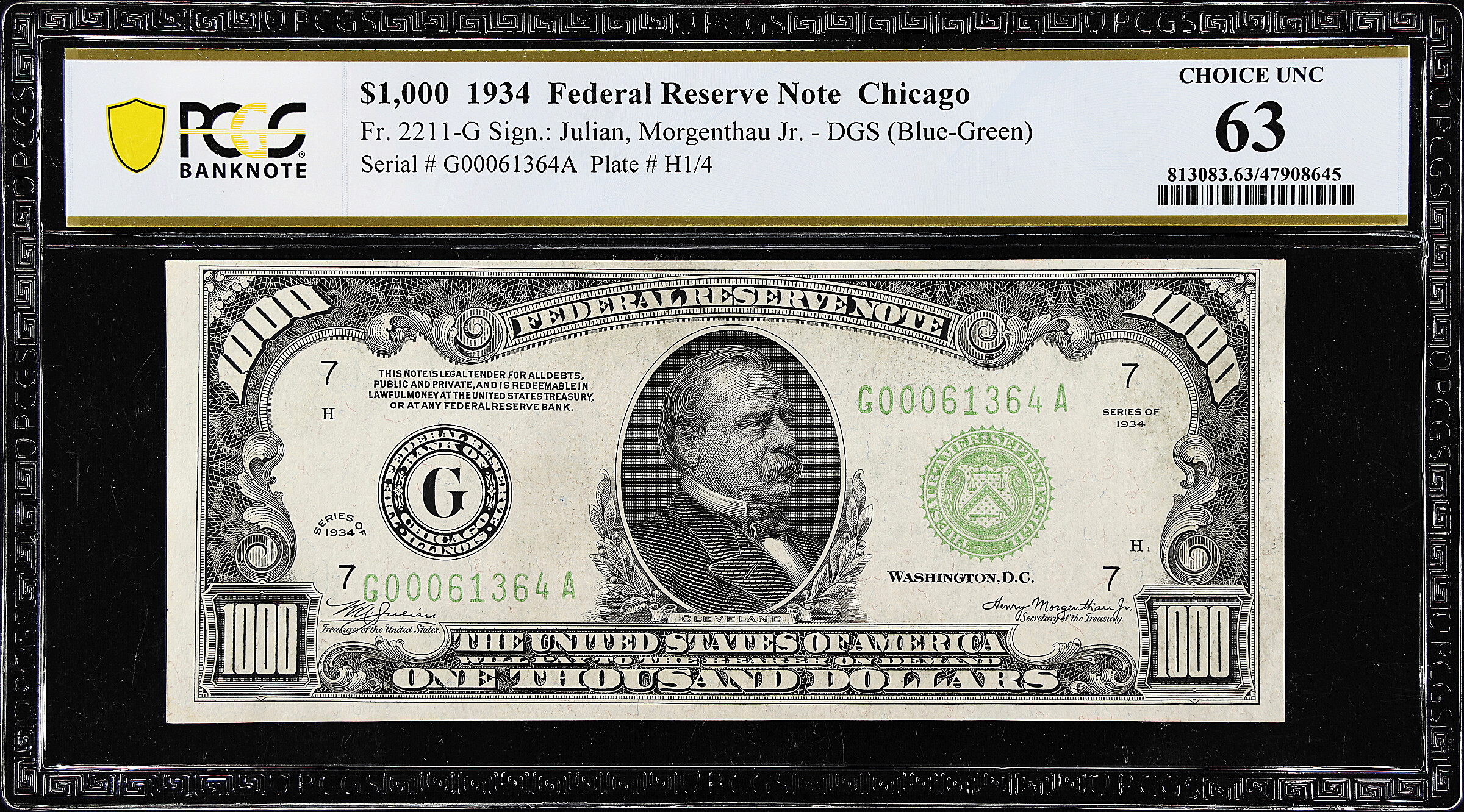 Fr. 2211-G. 1934 Dark Green Seal $1000 Federal Reserve Note. Chicago. PCGS Banknote Choice Uncirculated 63.