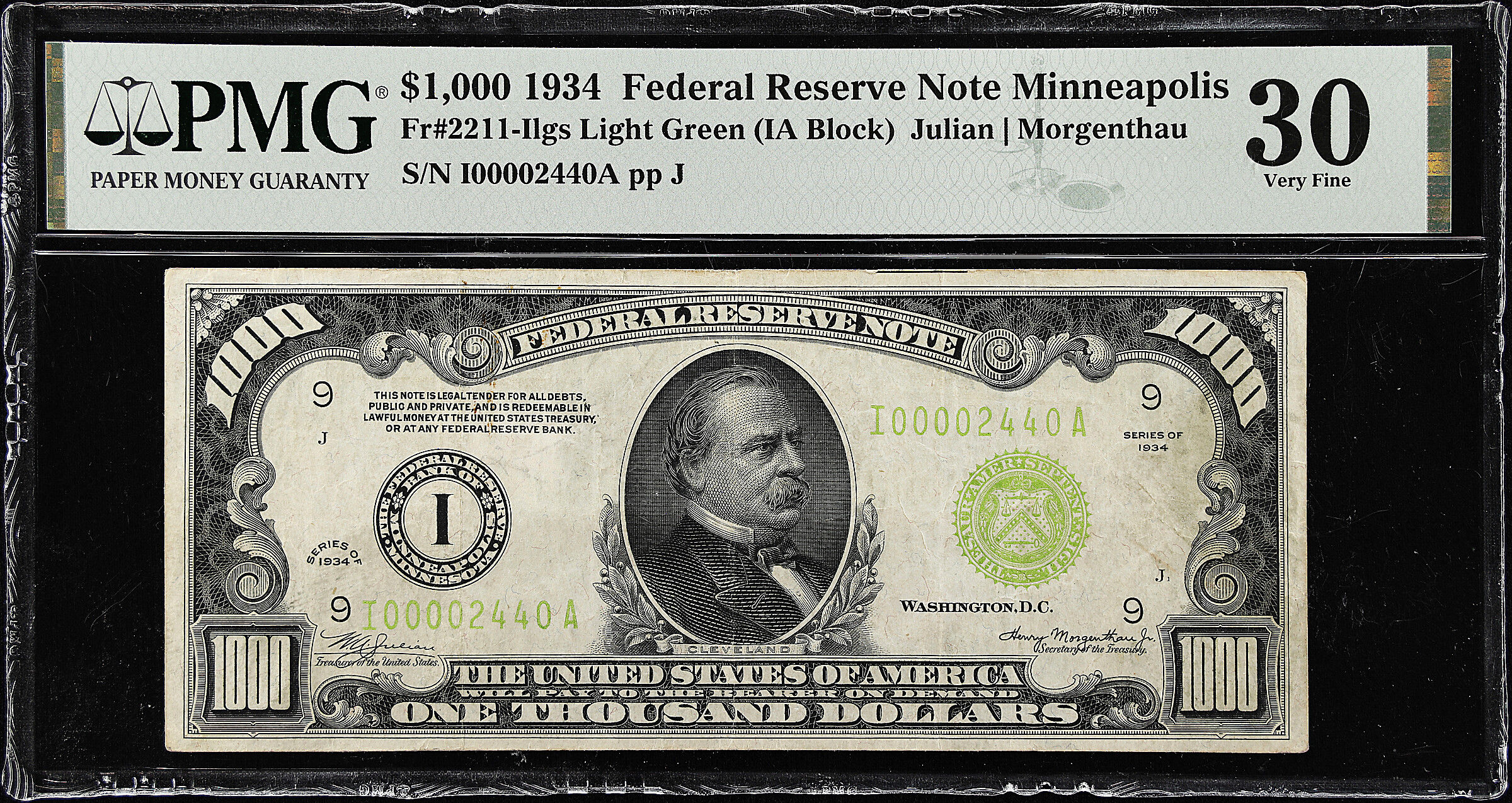 Fr. 2211-Ilgs. 1934 Light Green Seal $1000 Federal Reserve Note. Minneapolis. PMG Very Fine 30.
