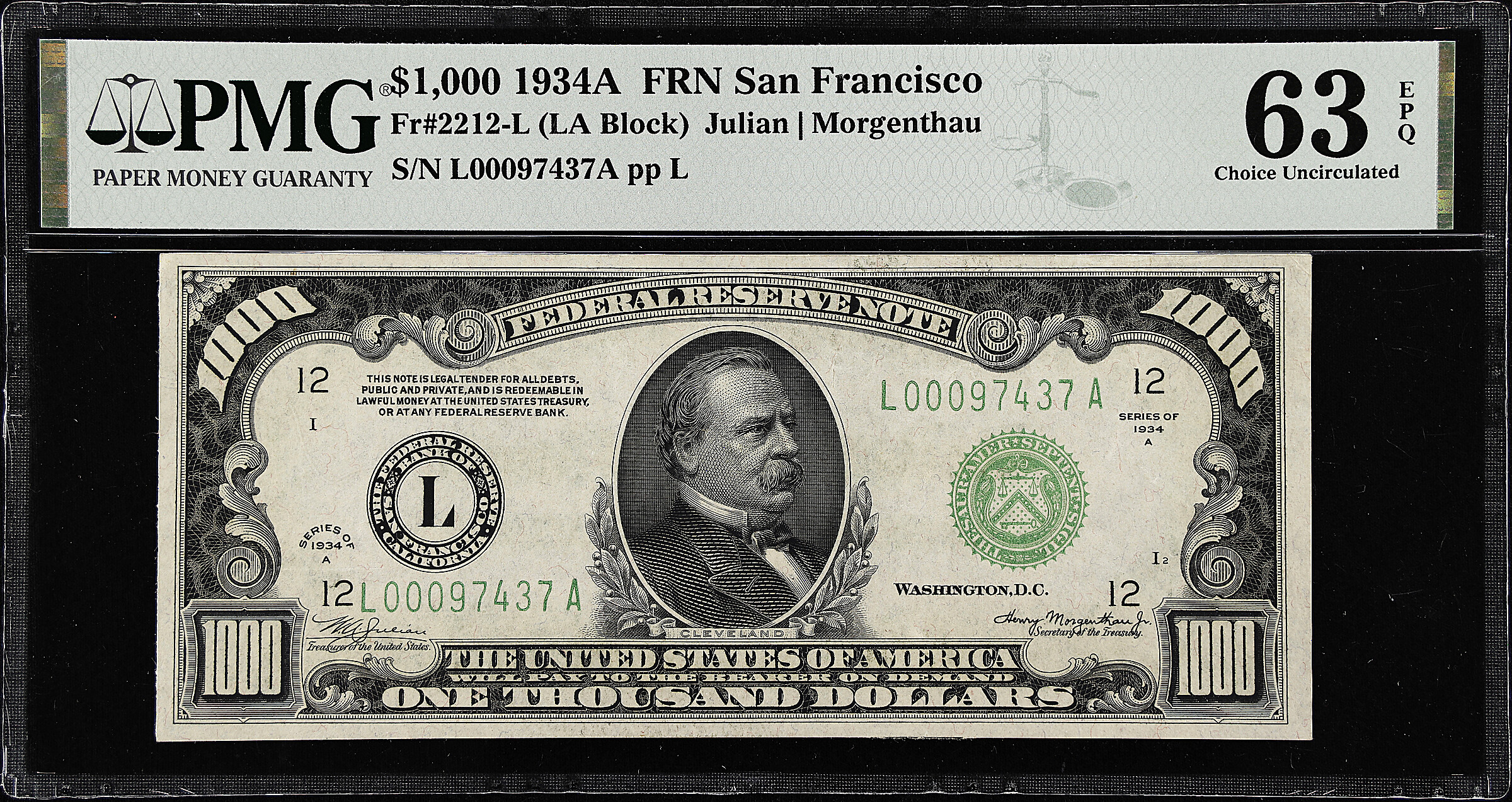Fr. 2212-L. 1934A $1000 Federal Reserve Note. San Francisco. PMG Choice Uncirculated 63 EPQ.