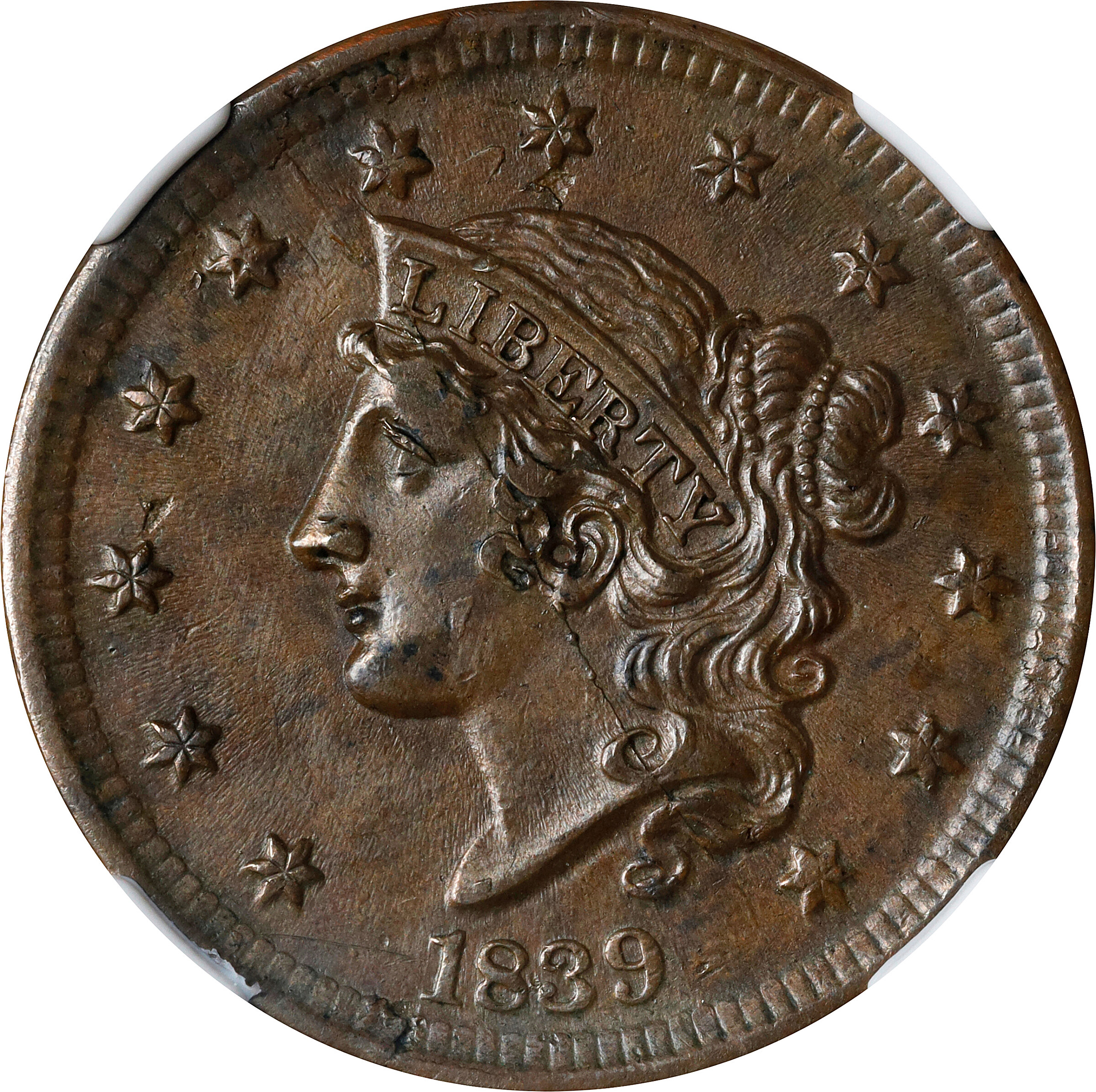 1839 Modified Matron Head Cent. Silly Head. AU-55 BN (NGC).
