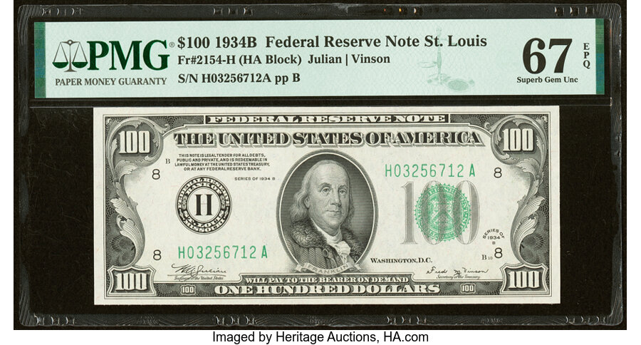 Fr. 2154-H $100 1934B Federal Reserve Note. PMG Superb Gem Unc 67 EPQ....