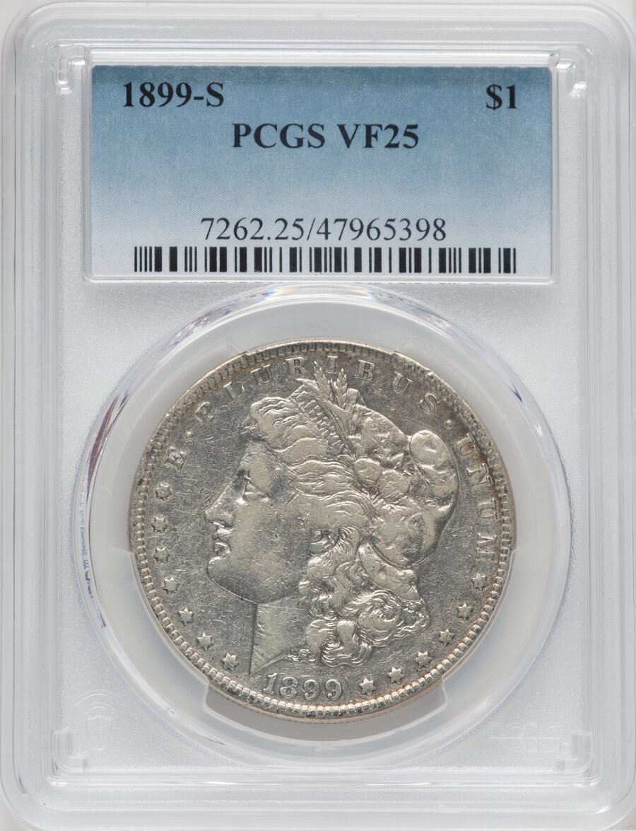 1899-S $1 VF25 PCGS. PCGS Population: (23/6003). NGC Census: (22/3494). CDN: $65 Whsle. Bid for NGC/PCGS VF25. Mintage 2,56...