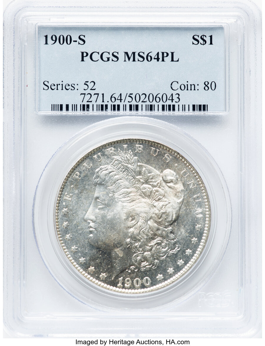 1900-S $1 MS64 Prooflike PCGS. PCGS Population: (87/27). NGC Census: (69/9). CDN: $1,100 Whsle. Bid for NGC/PCGS MS64. Mint...