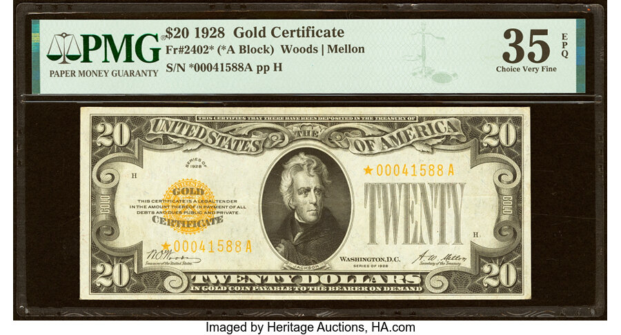 Fr. 2402* $20 1928 Gold Certificate Star. PMG Choice Very Fine 35 EPQ....