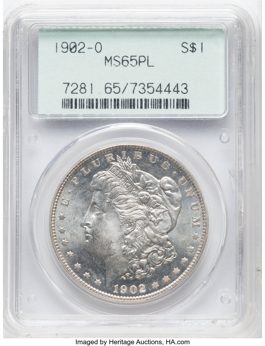 1902-O $1 MS65 Prooflike PCGS. PCGS Population: (115/19). NGC Census: (127/13). CDN: $550 Whsle. Bid for NGC/PCGS MS65. Min...