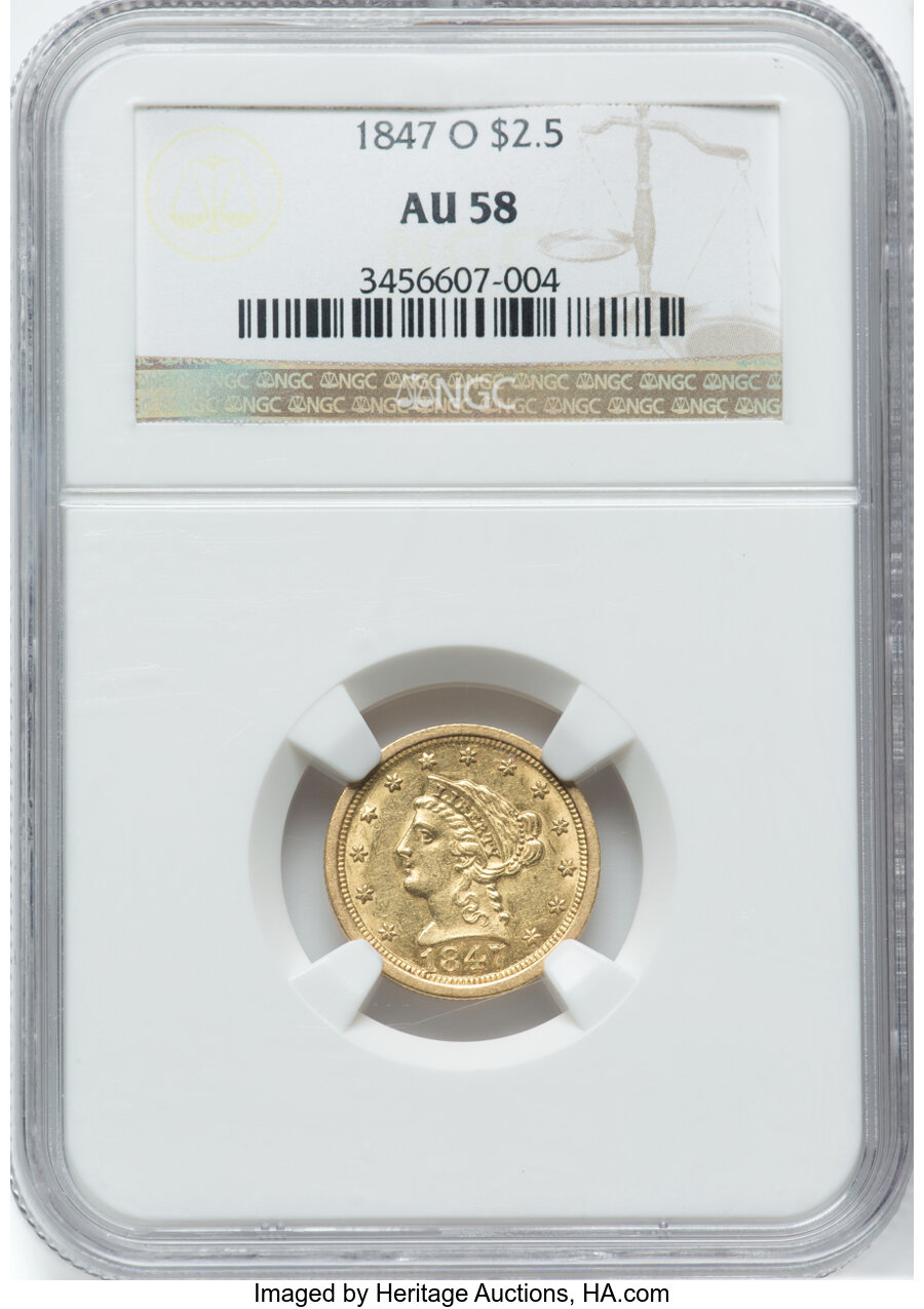 1847-O $2 1/2 AU58 NGC. NGC Census: (48/34). PCGS Population: (13/26). CDN: $2,500 Whsle. Bid for NGC/PCGS AU58. Mintage 12...