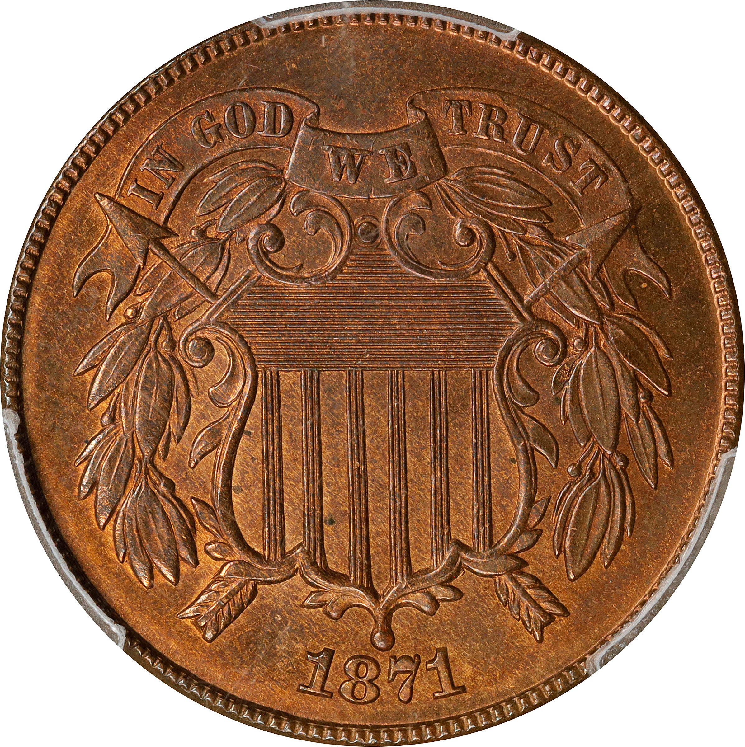 1871 Two-Cent Piece. MS-64 RB (PCGS).