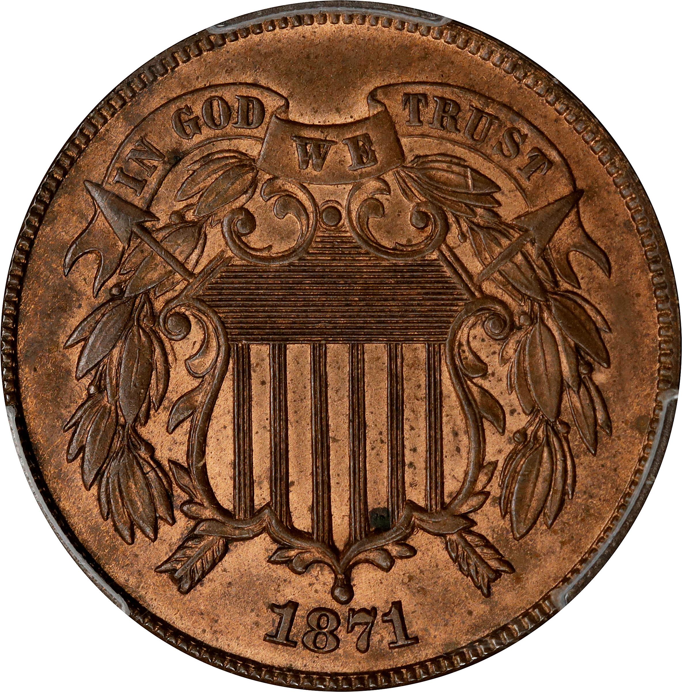 1871 Two-Cent Piece. MS-63 RB (PCGS).