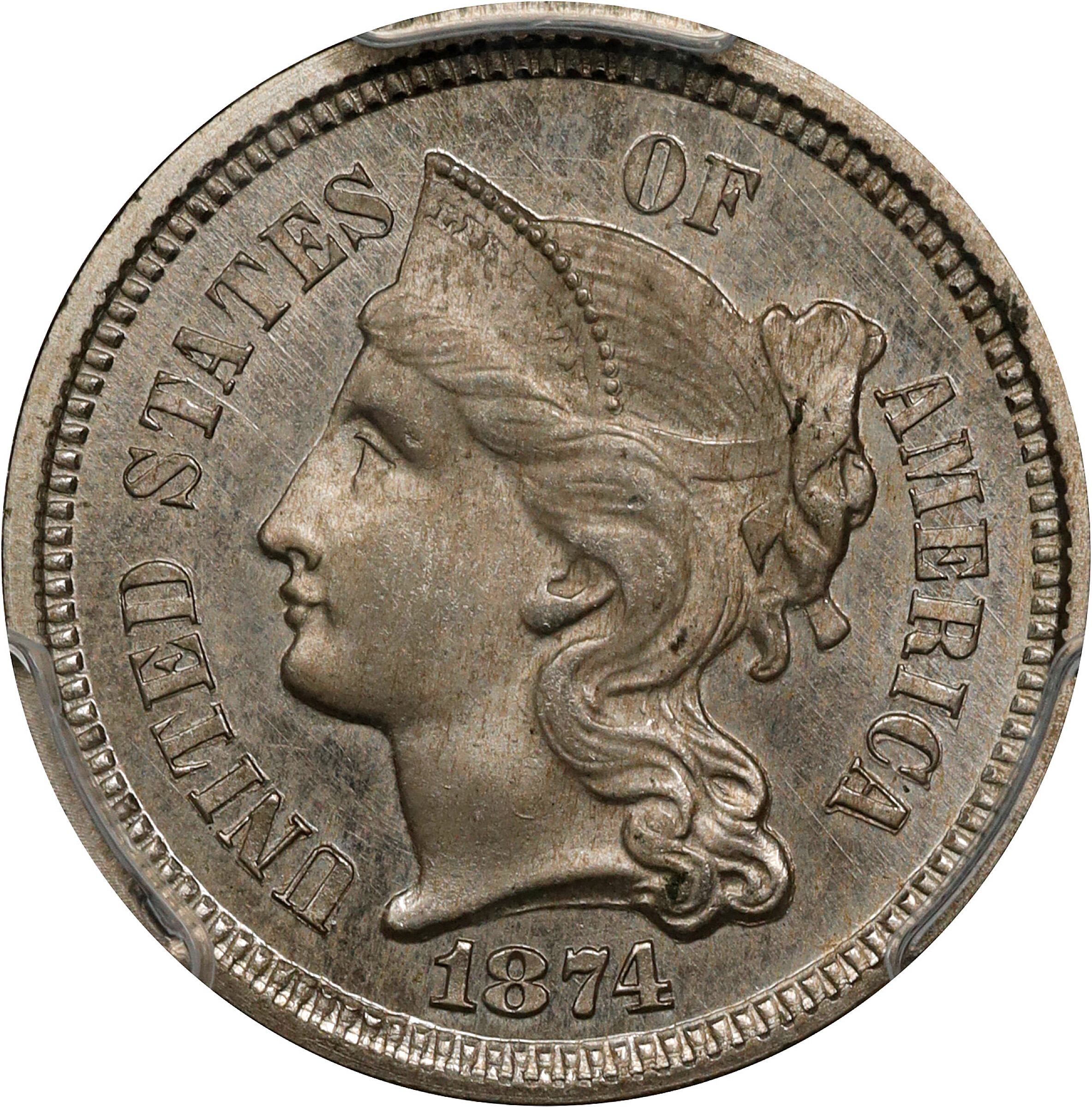 1874 Nickel Three-Cent Piece. Proof-65 (PCGS).