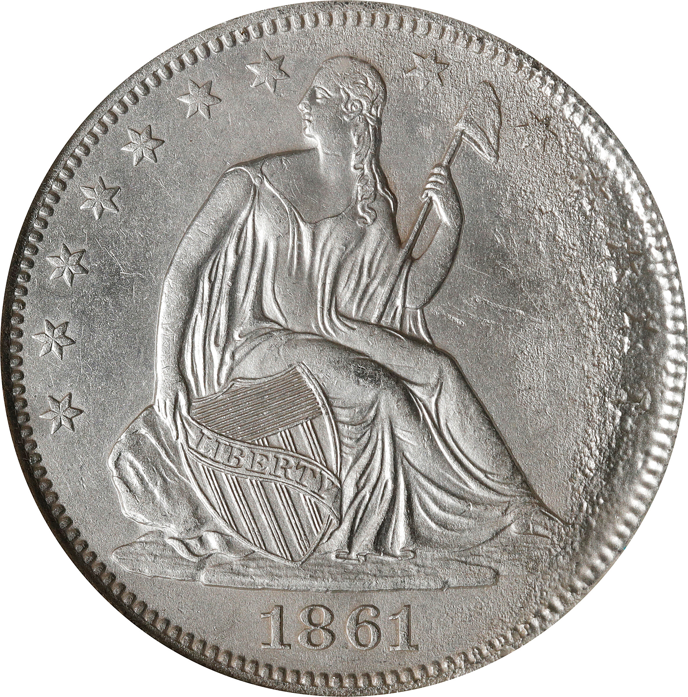 1861-O Liberty Seated Half Dollar. Confederate States Issue. W-13. Die Crack Bisected Date. Shipwreck Effect (NGC).