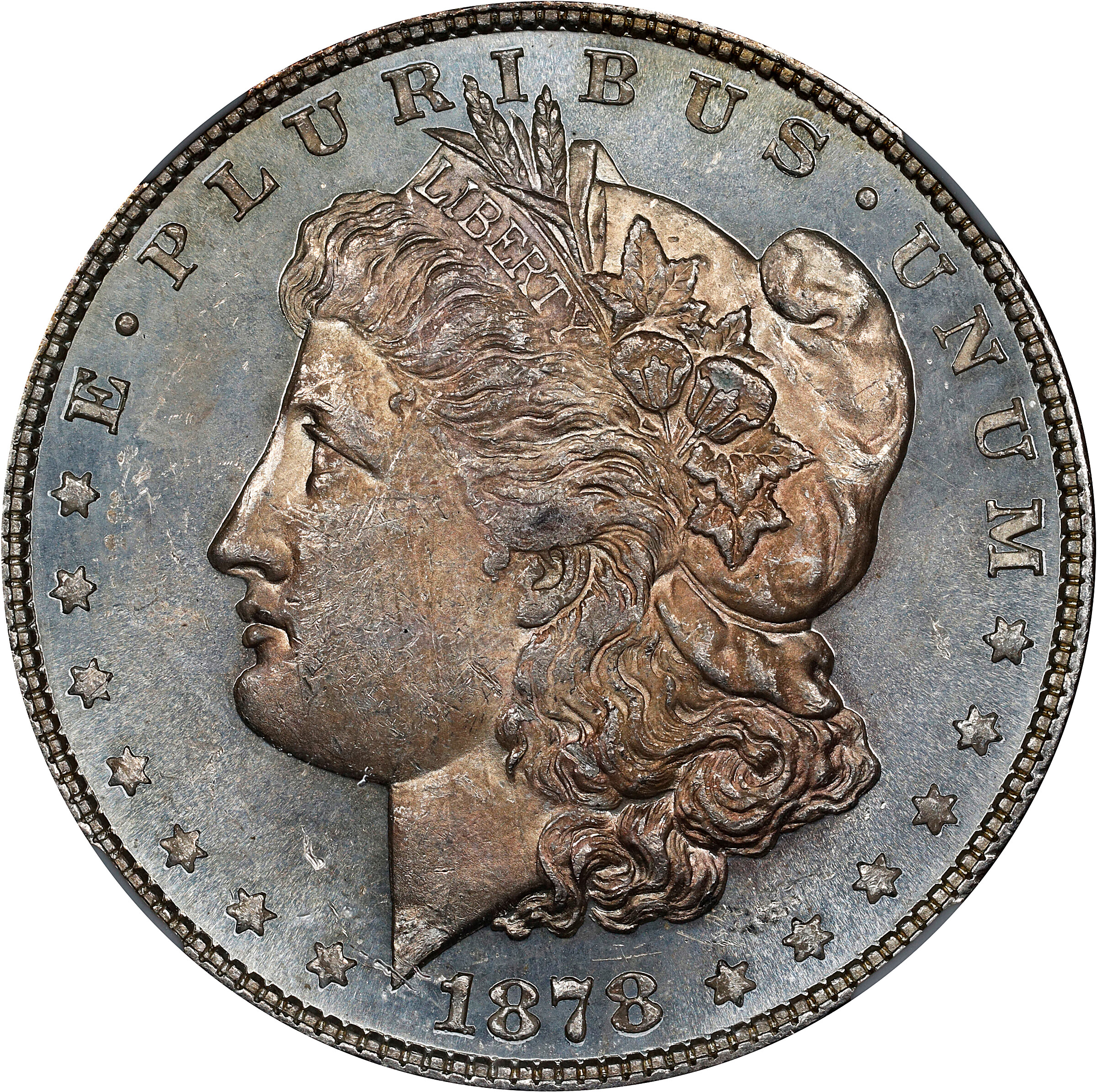 1878 Morgan Silver Dollar. 8 Tailfeathers. VAM-23. Top 100 Variety. Doubled Die Obverse, Crazy Lips. MS-62 PL (NGC).