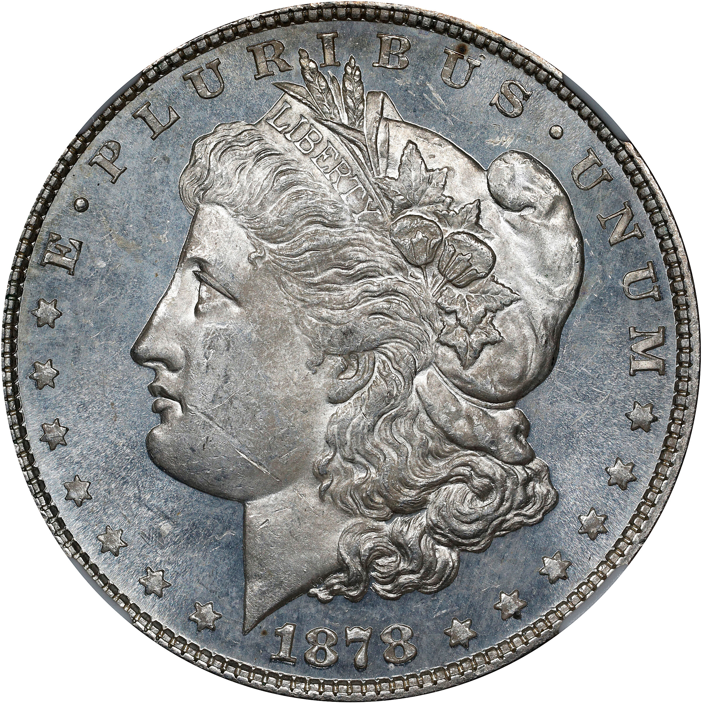 1878 Morgan Silver Dollar. 8 Tailfeathers. VAM-23. Top 100 Variety. Doubled Die Obverse, Crazy Lips. MS-62 PL (NGC).
