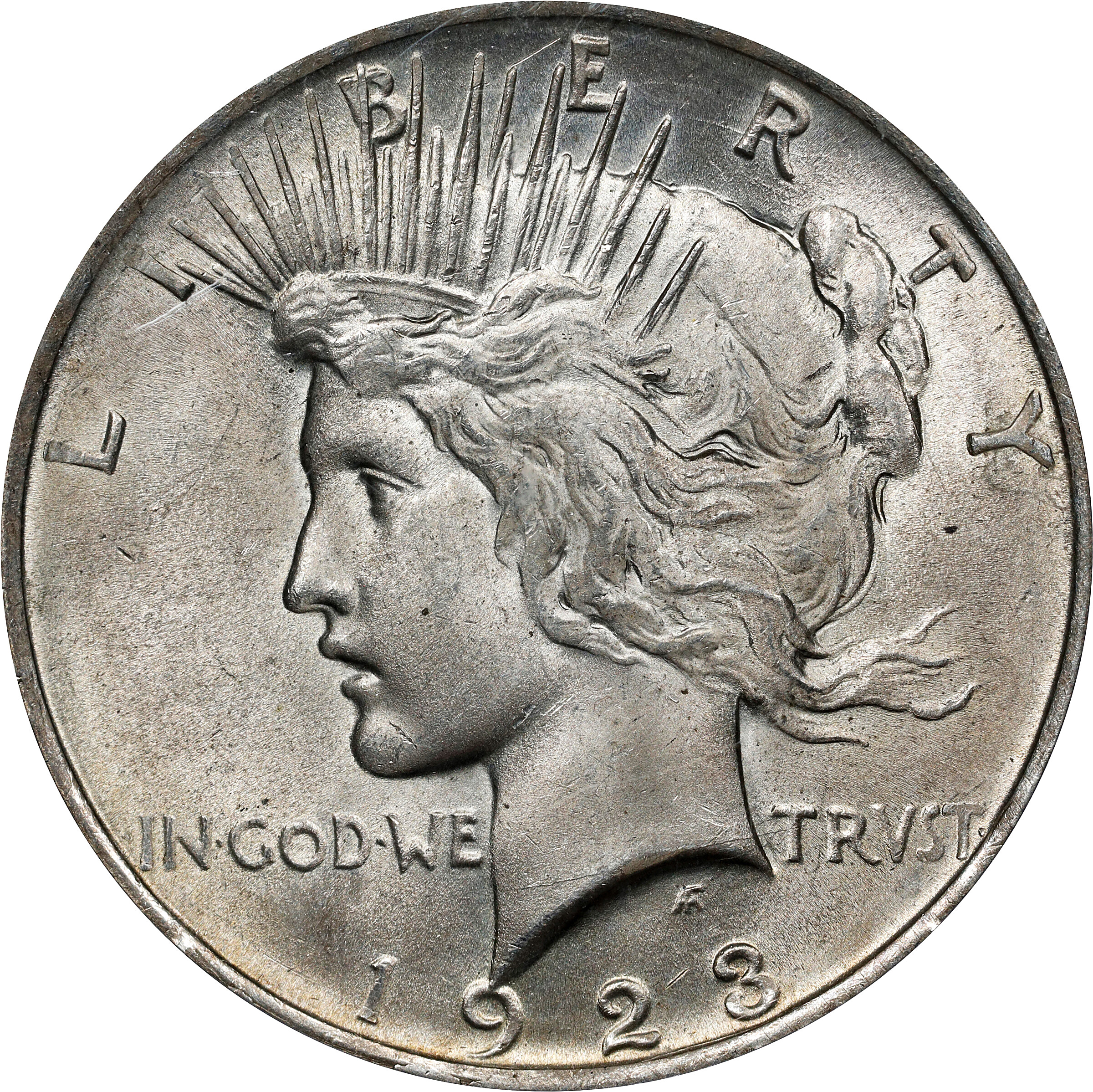 1923 Peace Silver Dollar. VAM-1C. Top 50 Variety. Tail on O. MS-64 (PCGS).