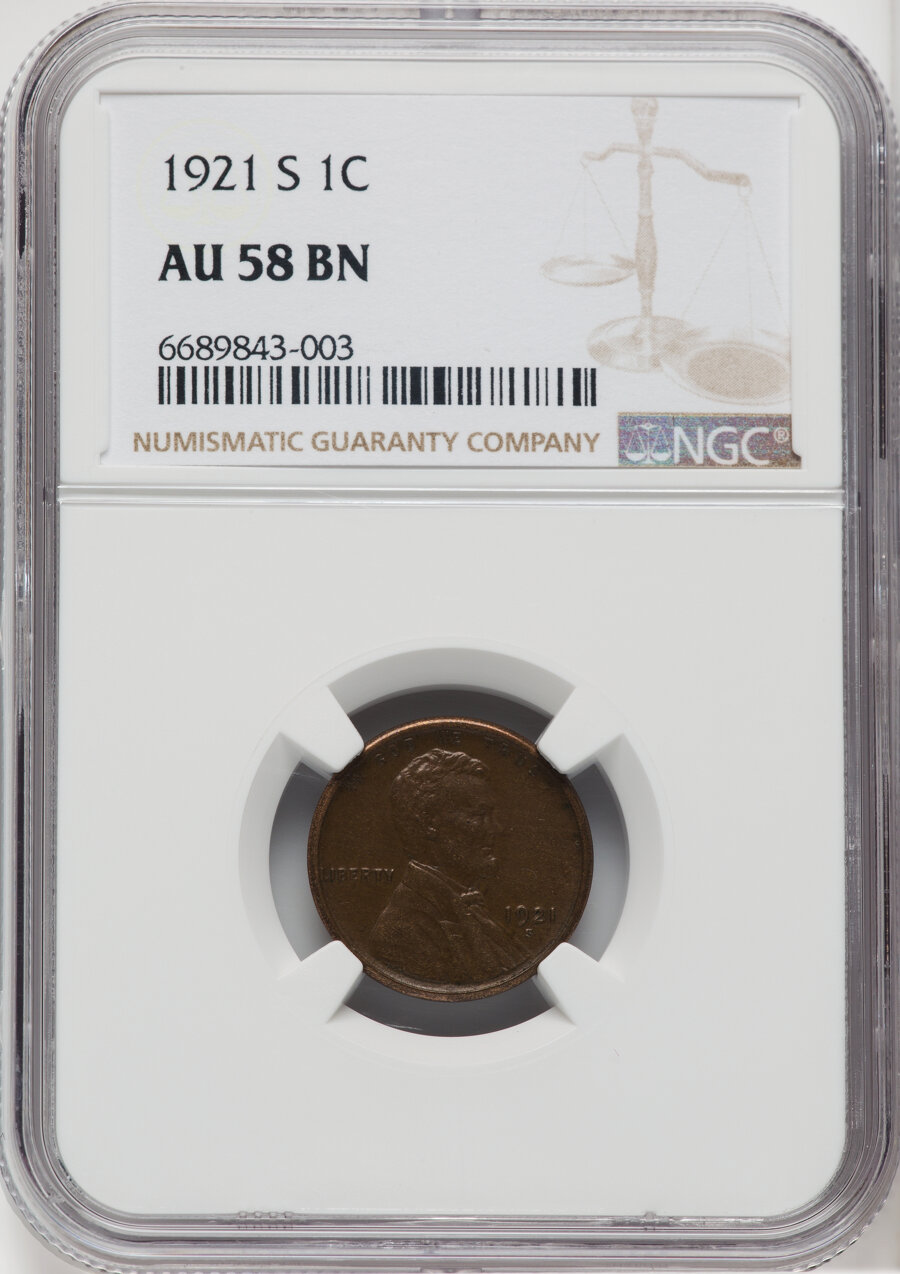 1921-S 1C AU58 NGC. NGC Census: (68/212). PCGS Population: (128/339). CDN: $70 Whsle. Bid for NGC/PCGS AU58. Mintage 15,274...
