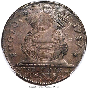 image for: 1787 Fugio Cent, UNITED STATES, No Cinquefoils, N. 1-B, W-6600, R.4, AU55 PCGS....