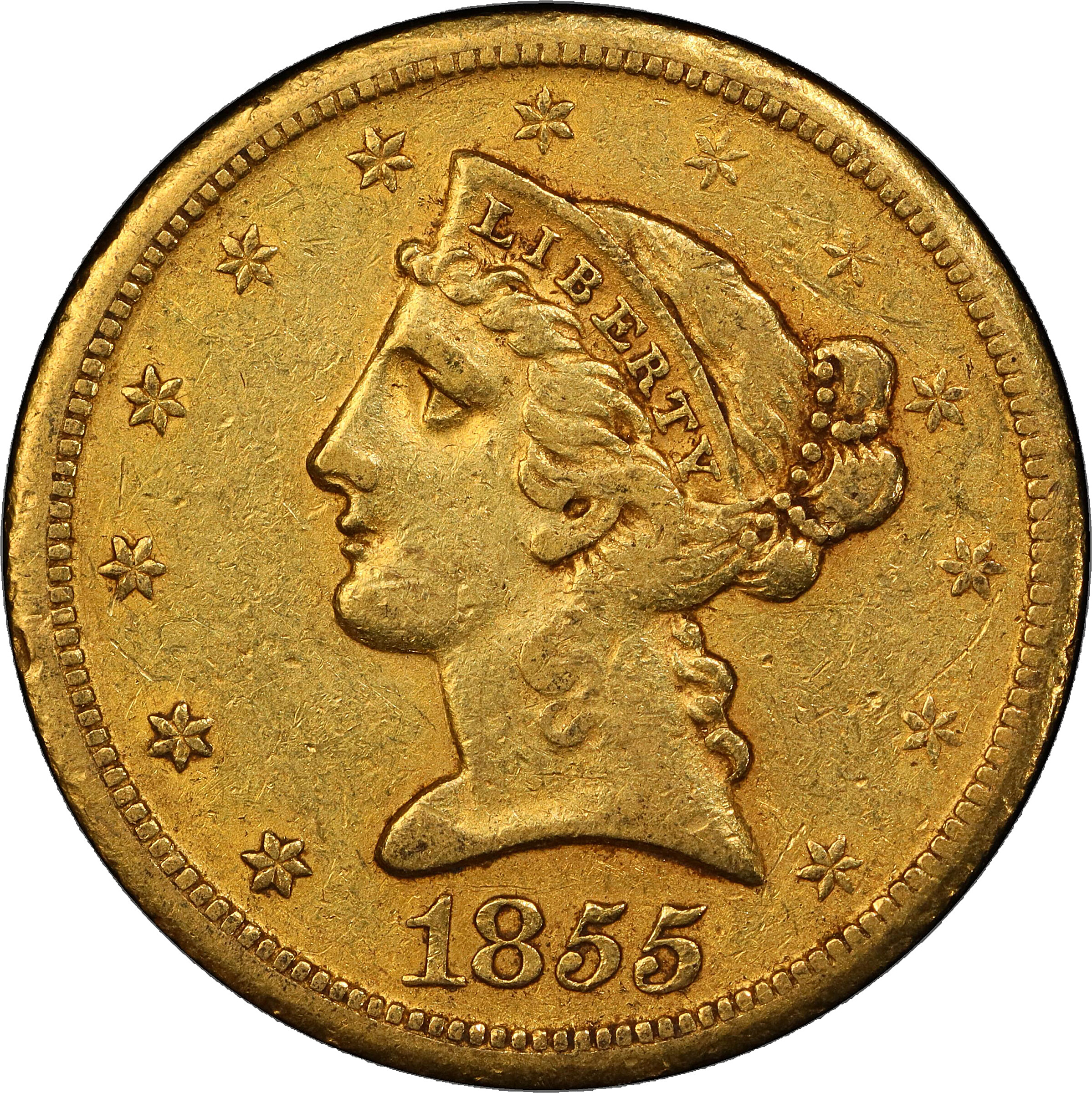 1855-D Liberty Head Half Eagle. Winter 38-EE. Large D. EF-45 (PCGS). CAC.