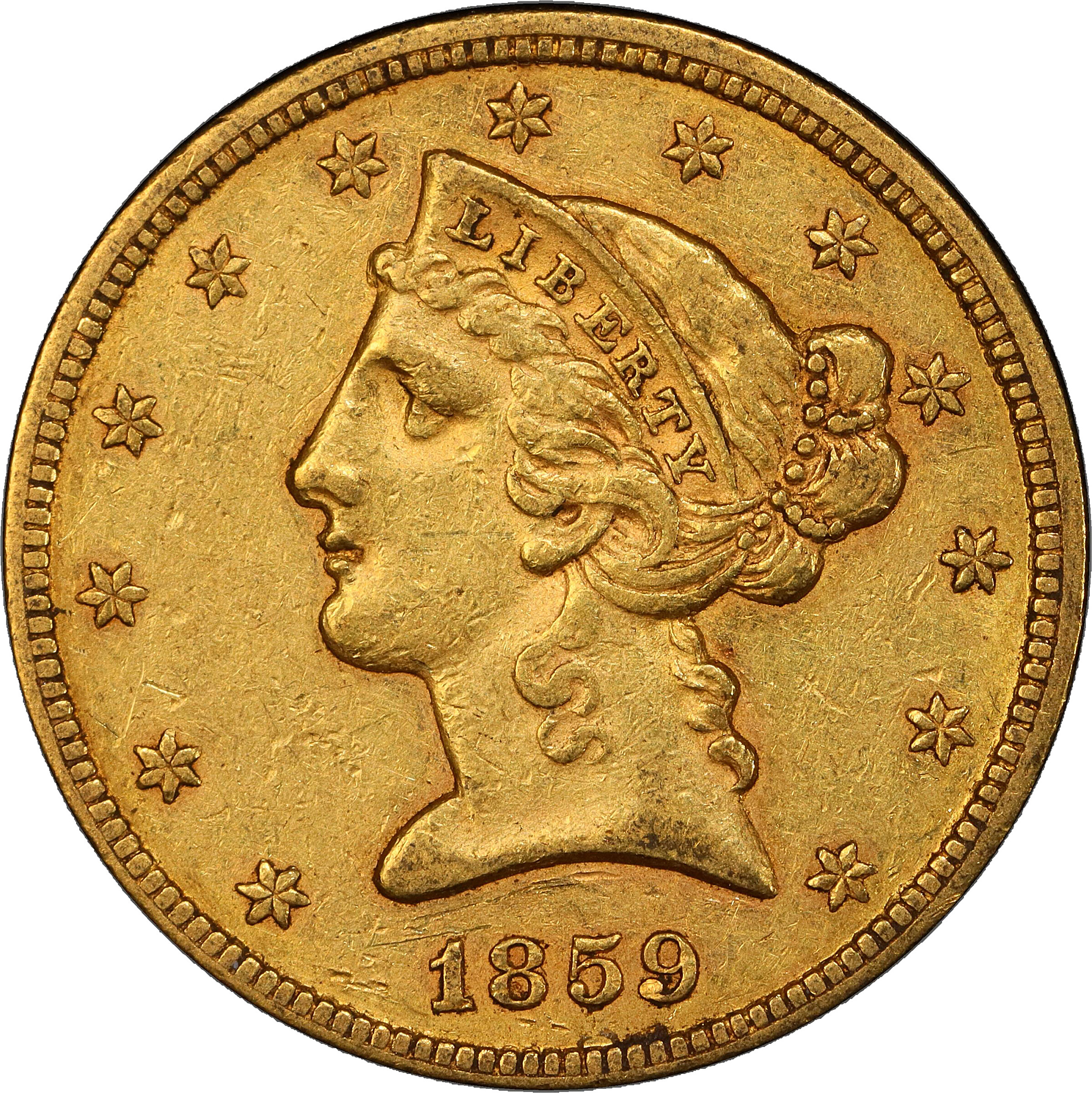 1859 Liberty Head Half Eagle. AU-50 (PCGS).