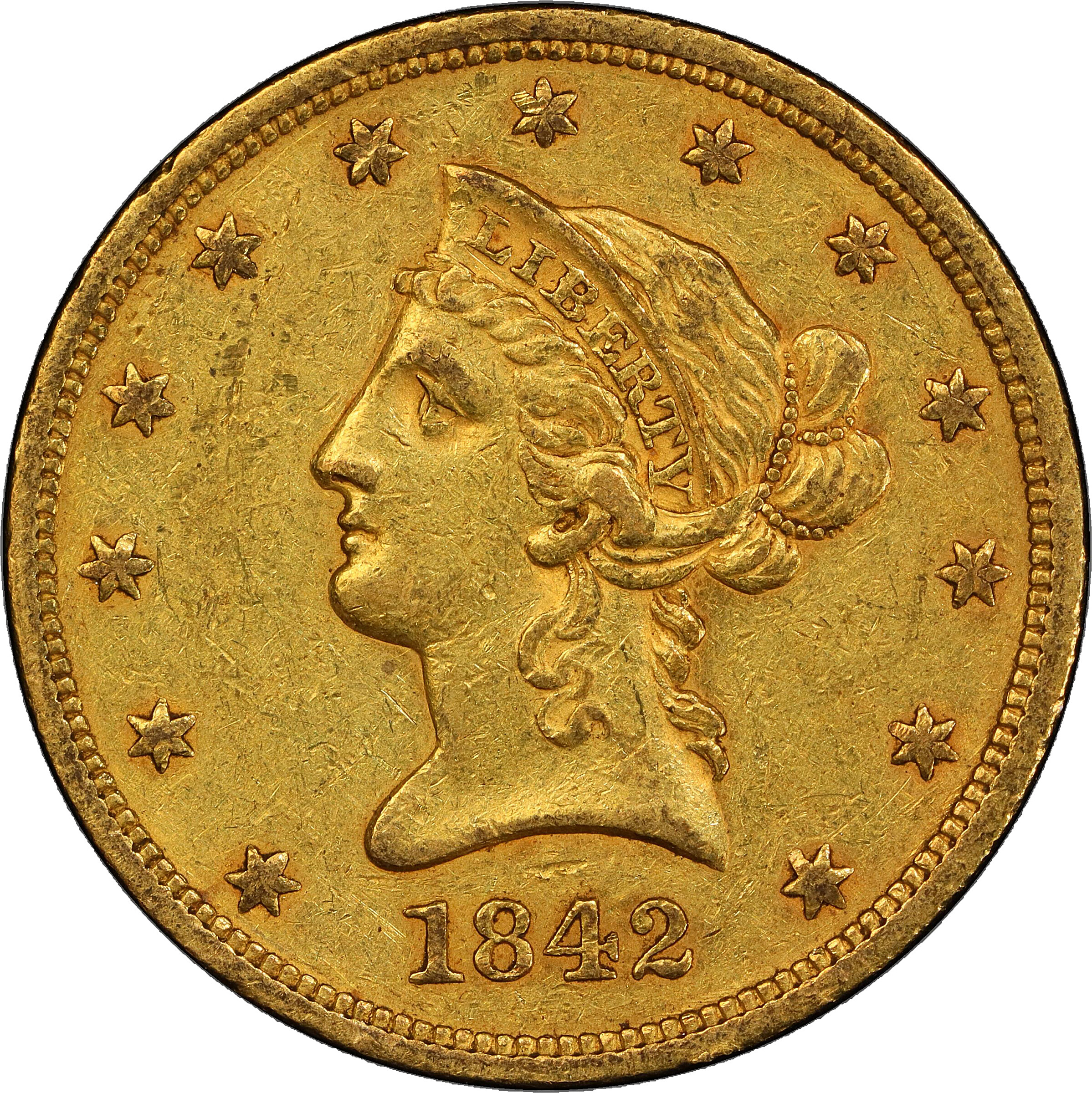 1842 Liberty Head Eagle. Large Date, Crosslet 4. EF-45 (PCGS). CAC.