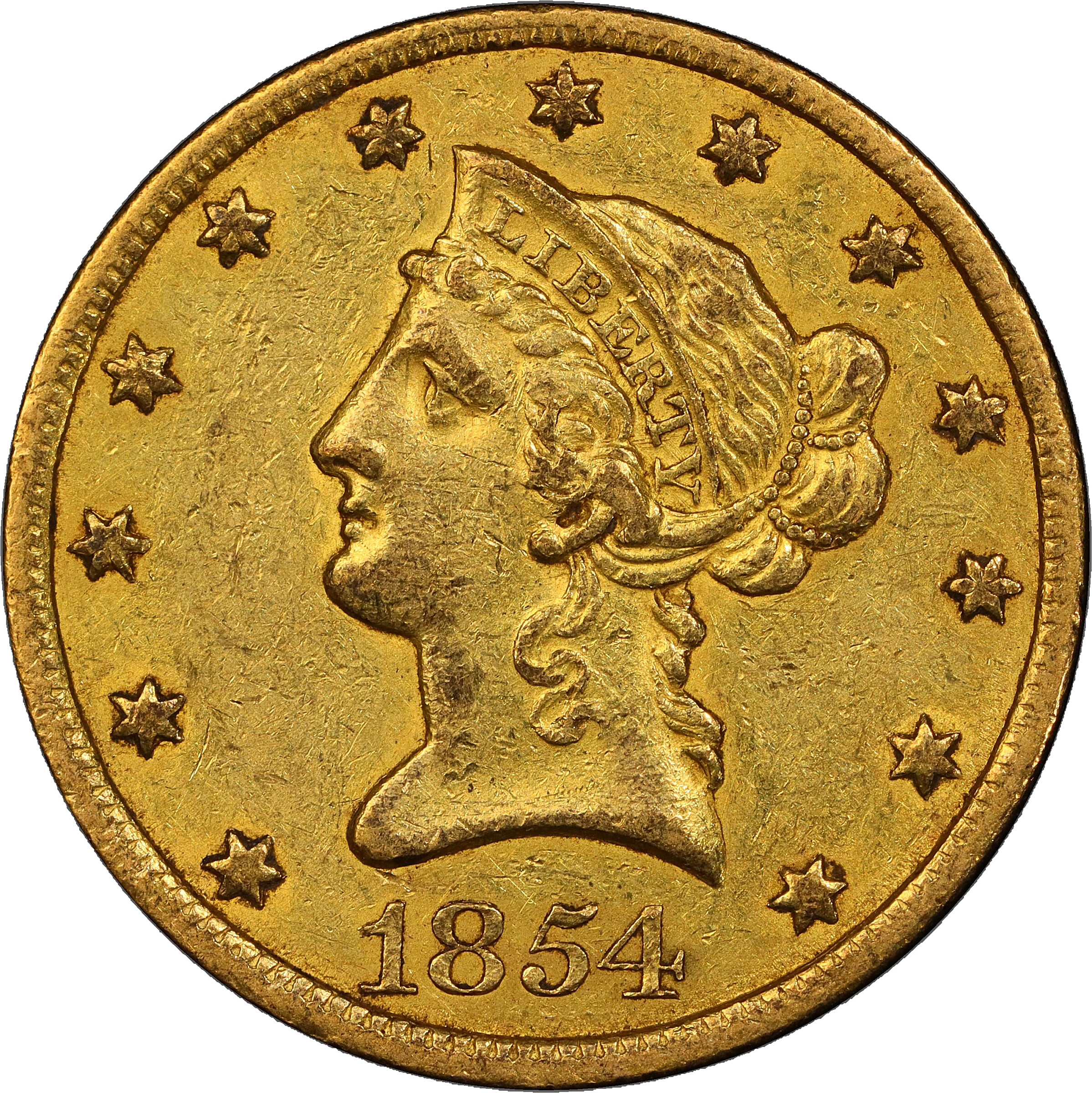 1854-O Liberty Head Eagle. Small Date. Winter-1, the only known dies. EF-45+ (PCGS). CAC.