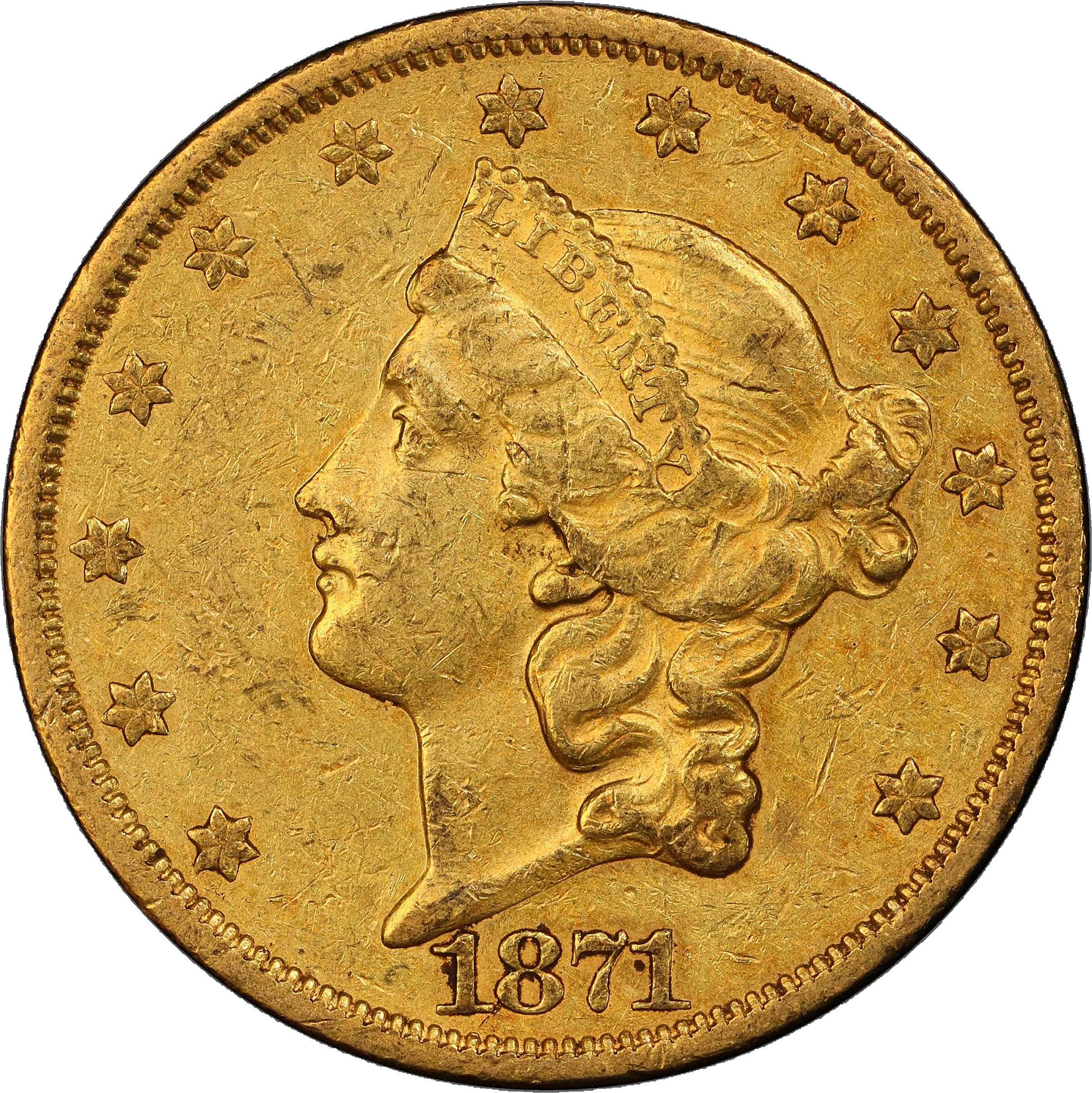 1871-CC Liberty Head Double Eagle. AU-50 (PCGS).
