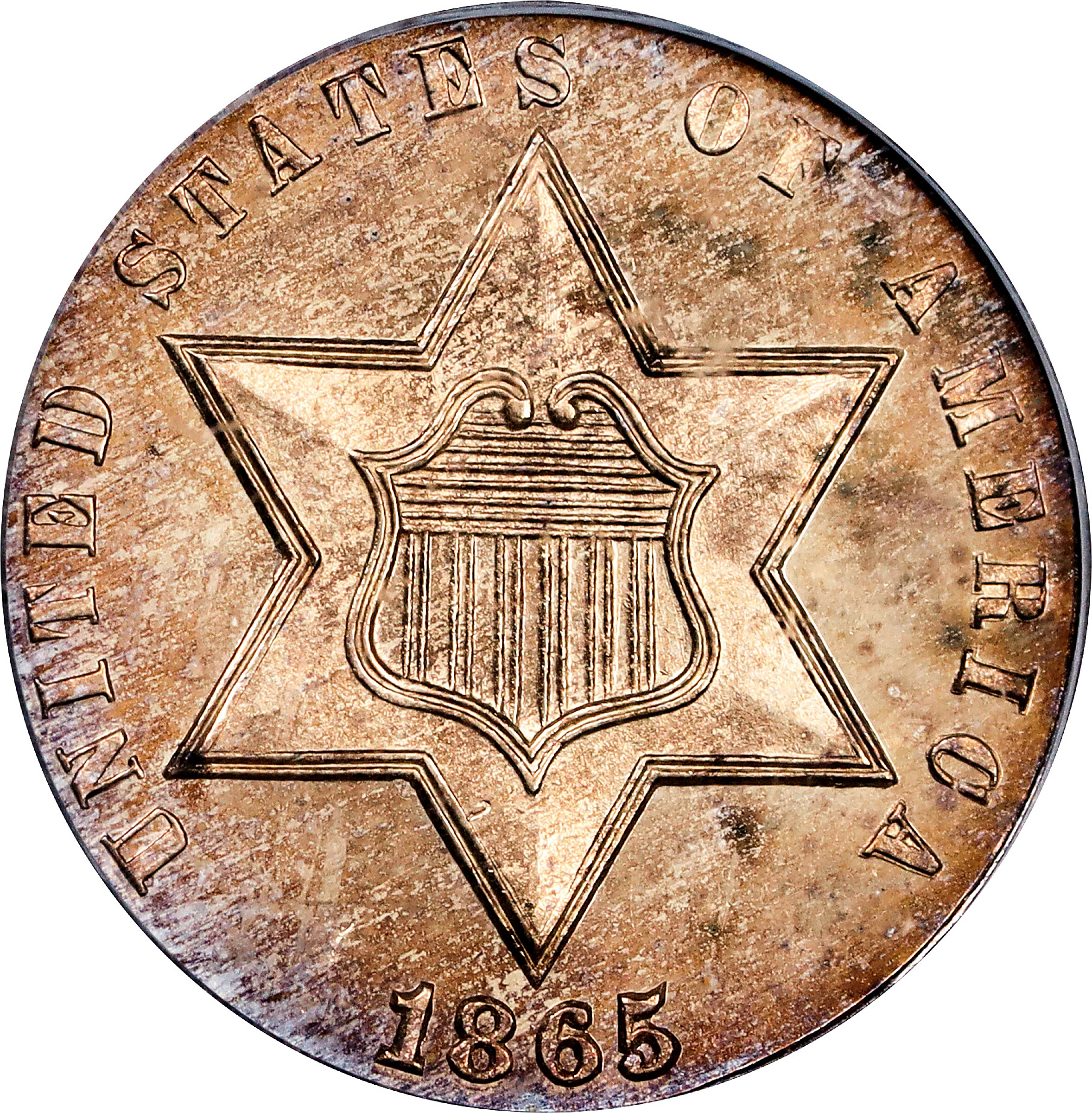 1865 Silver Three-Cent Piece. Proof-66 Cameo (PCGS).