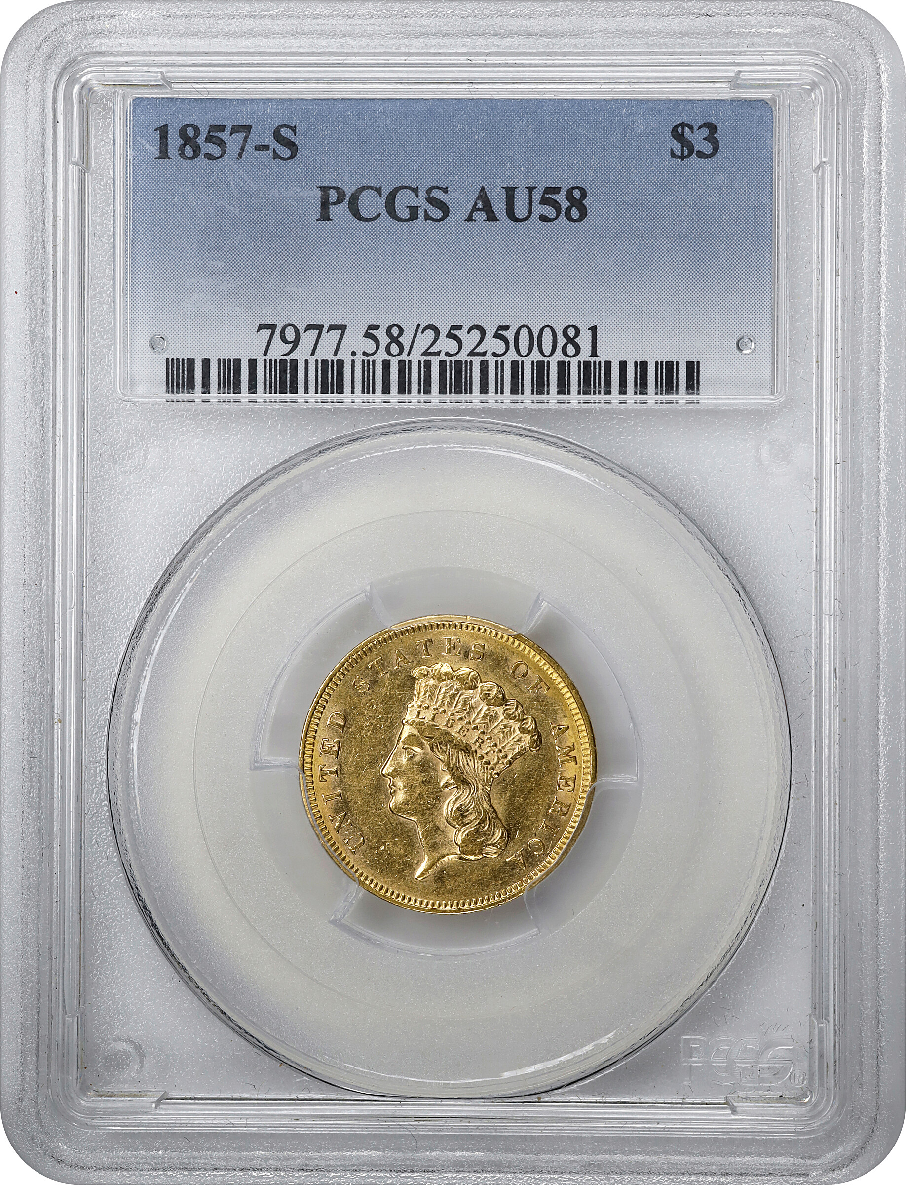 1857-S $3 AU58 thumbnail 3