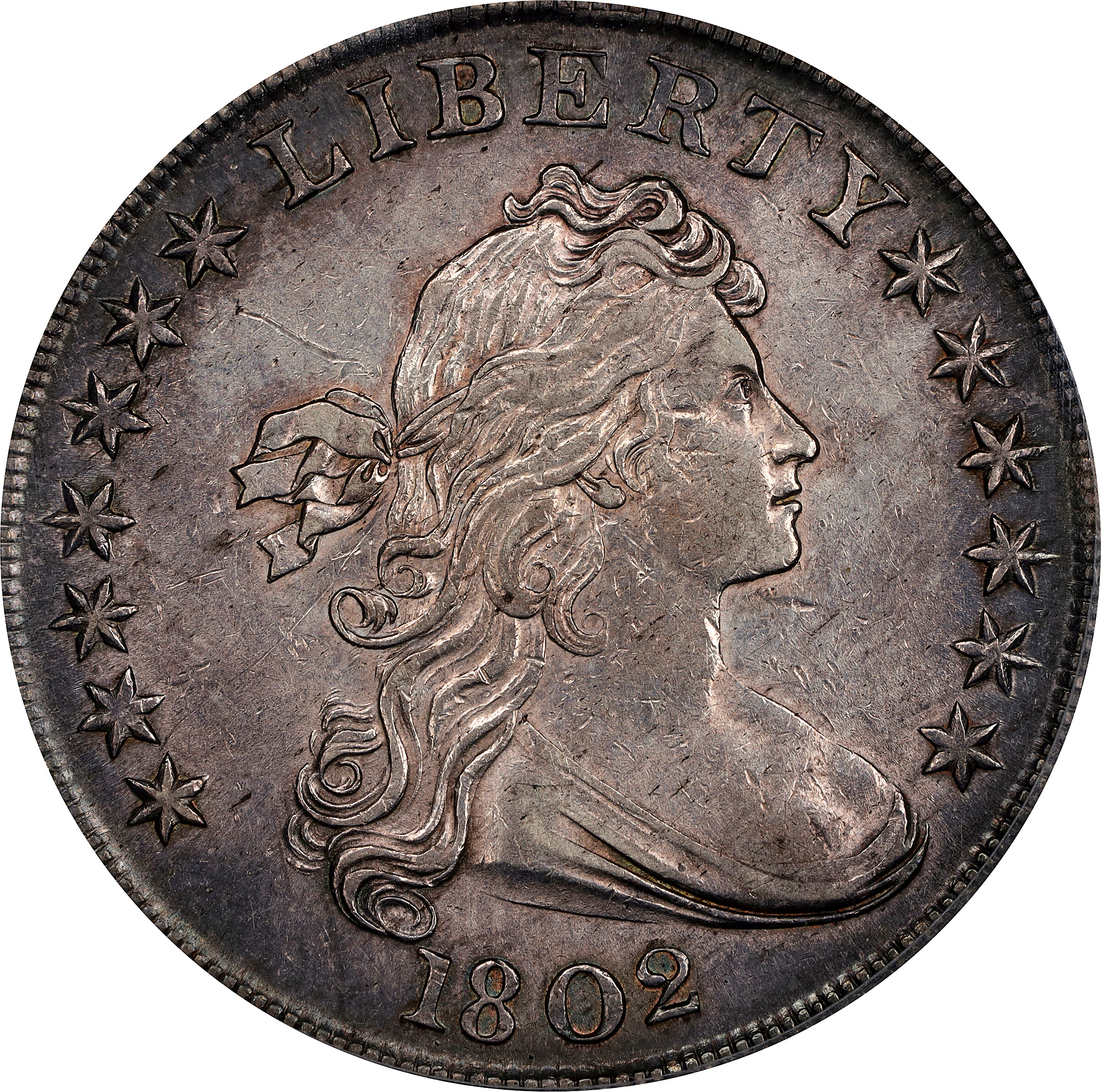 1802 Draped Bust Silver Dollar. BB-241, B-6. Rarity-1. Narrow Date. AU-55 (PCGS).