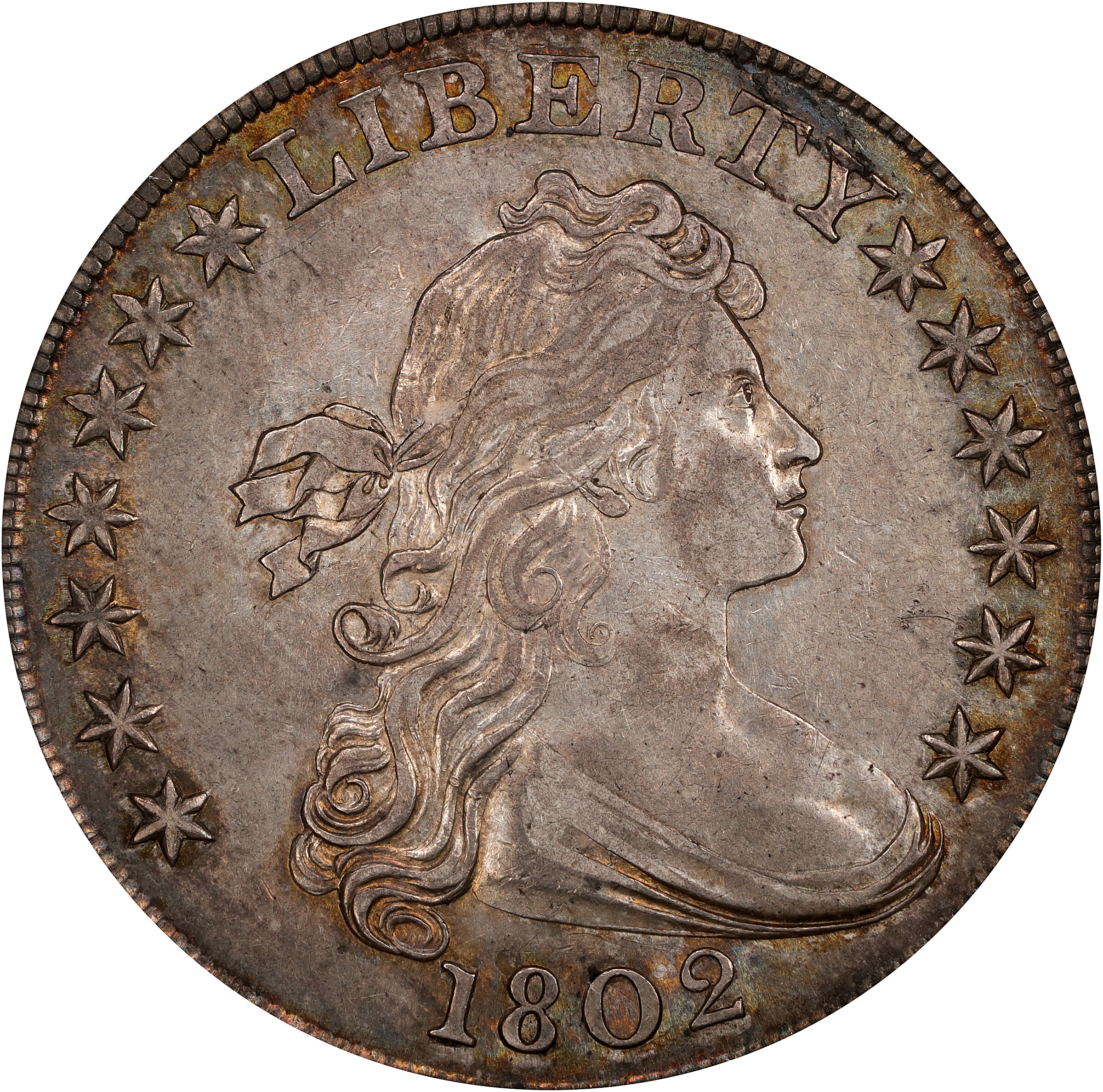 1802 Draped Bust Silver Dollar. BB-242, B-5. Rarity-5. Wide Date. AU-58 (PCGS).