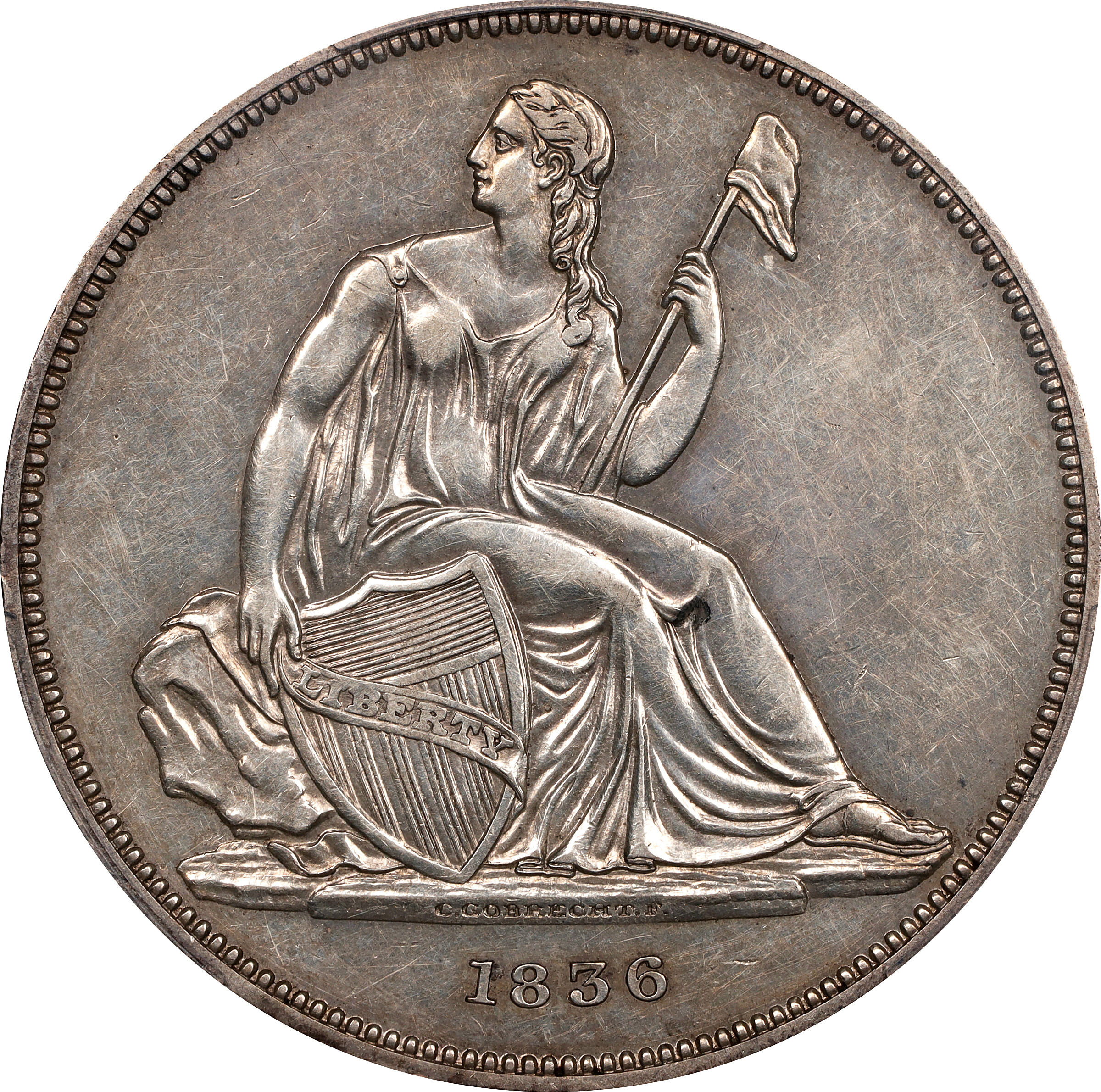 1836 Gobrecht Silver Dollar. Name on Base. Judd-60 Original, Pollock-65. Rarity-1. Silver. Plain Edge. Die Alignment IV. Proof-55 (PCGS).