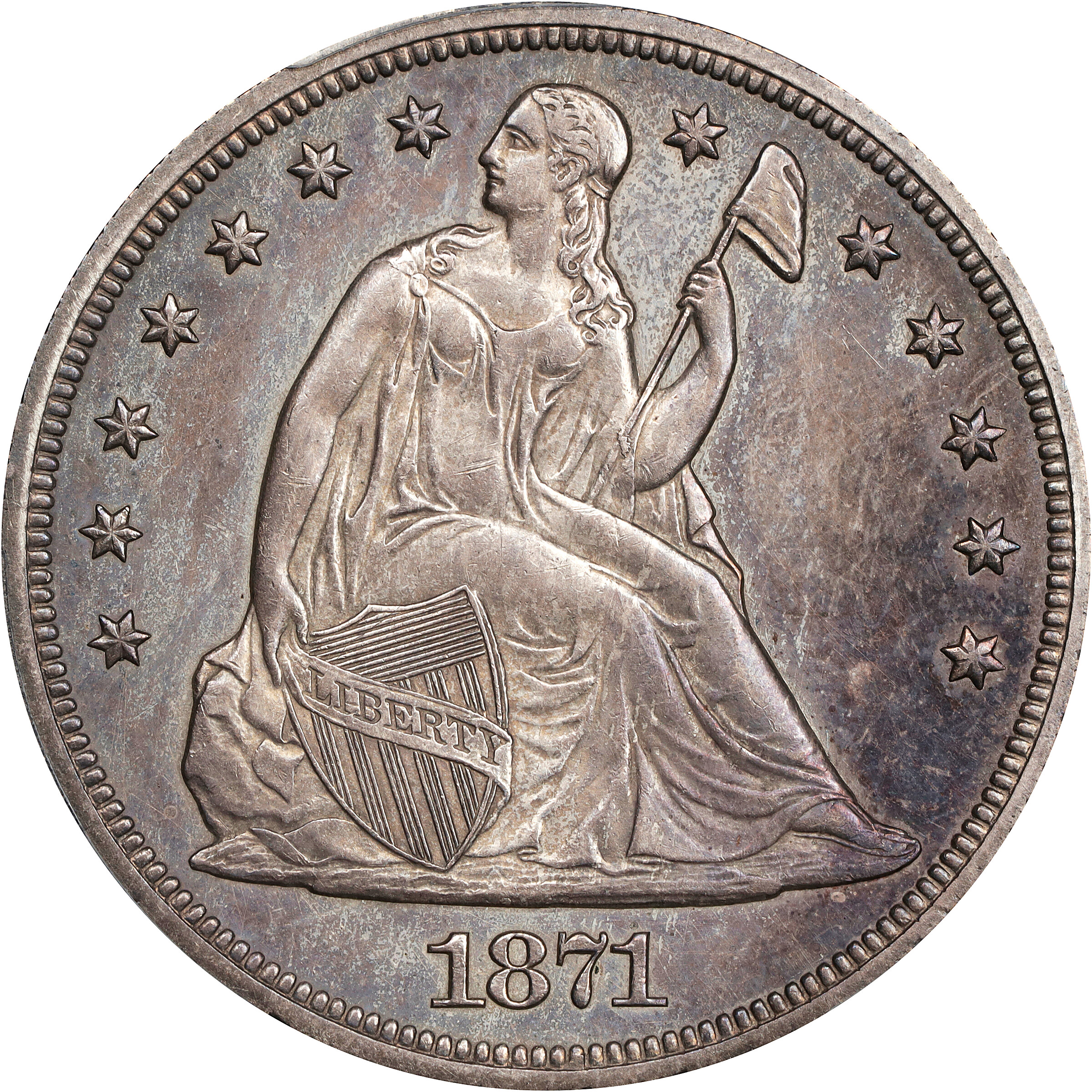 1871-CC Liberty Seated Silver Dollar. OC-1, the only known dies. Top 30 Variety. Rarity-4+. Misplaced Date. MS-61 (PCGS).