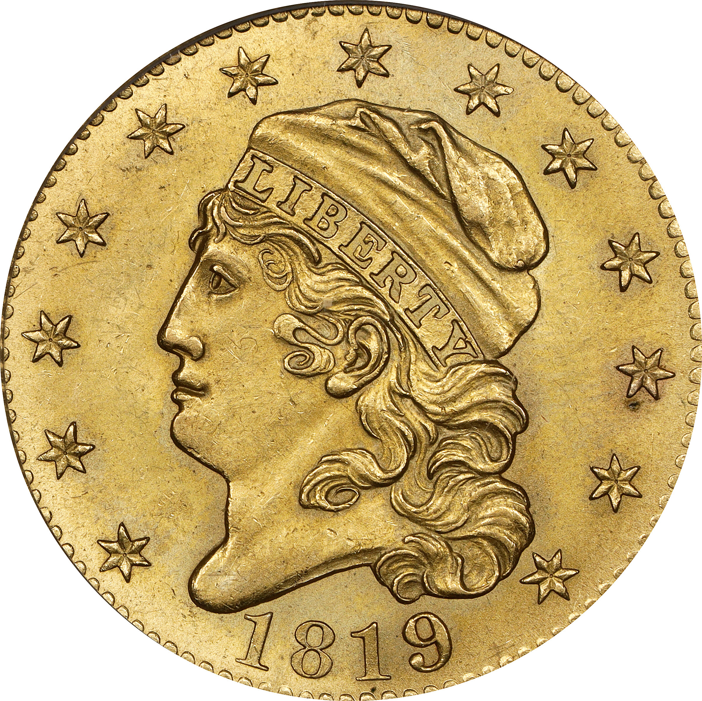 1819 Capped Head Left Half Eagle. BD-1. Rarity-6+. 5D/50. MS-64 (PCGS). CAC.
