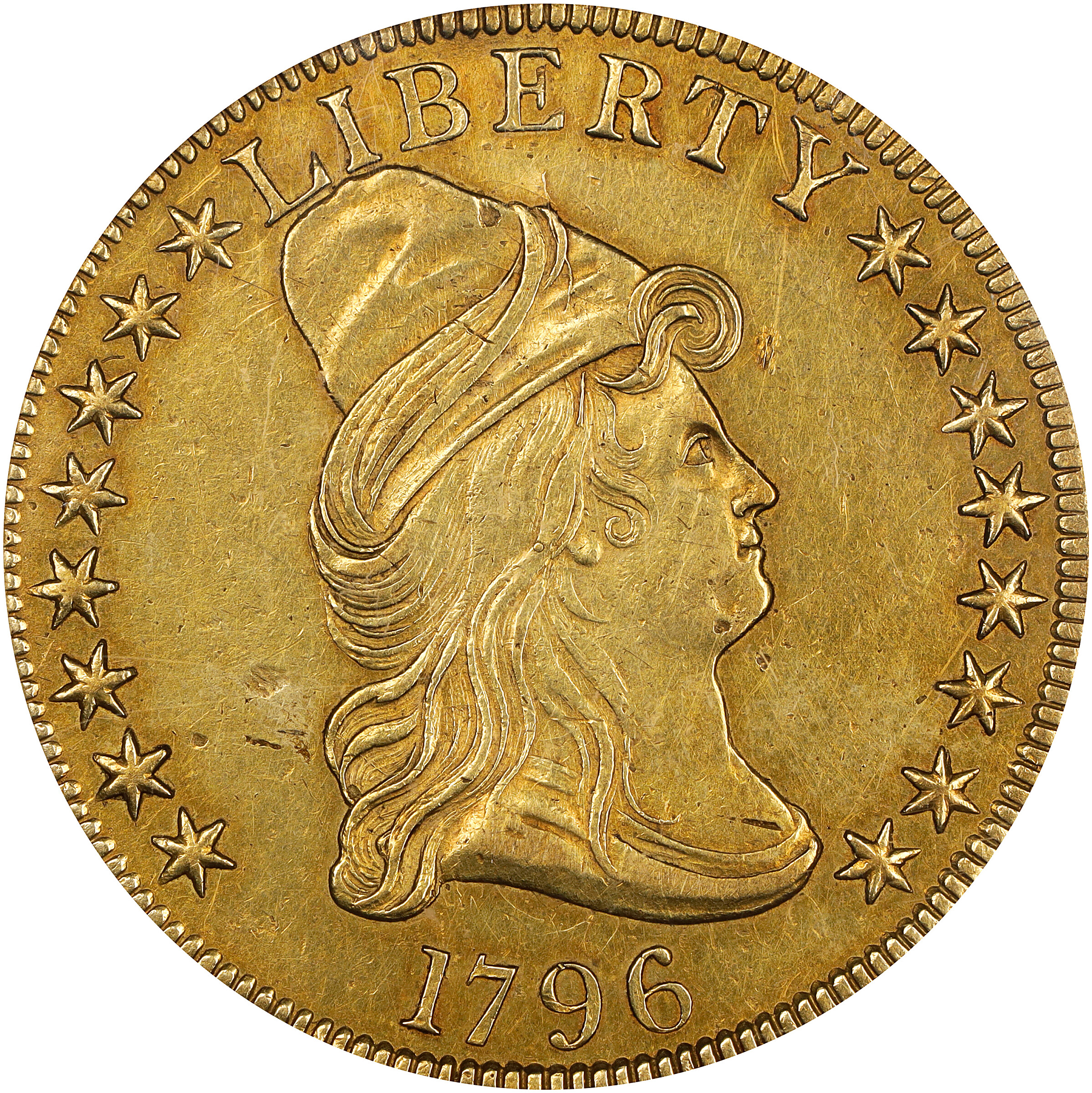 1796 Capped Bust Right Eagle. BD-1, Taraszka-6, the only known dies. Rarity-4. AU-50 (PCGS).