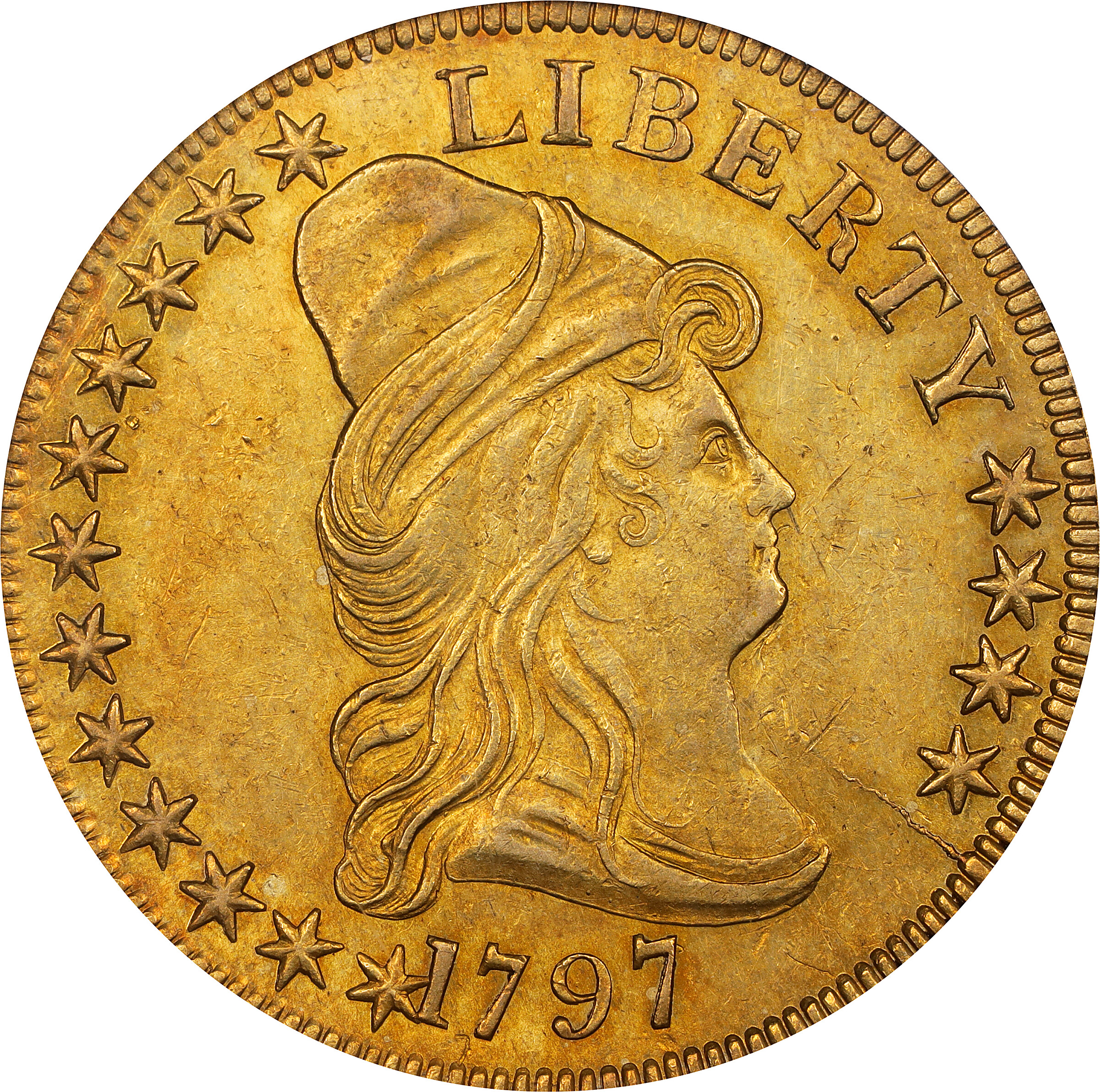 1797 Capped Bust Right Eagle. Small Eagle. BD-1, Taraszka-7. Rarity-5. AU-58 (PCGS).