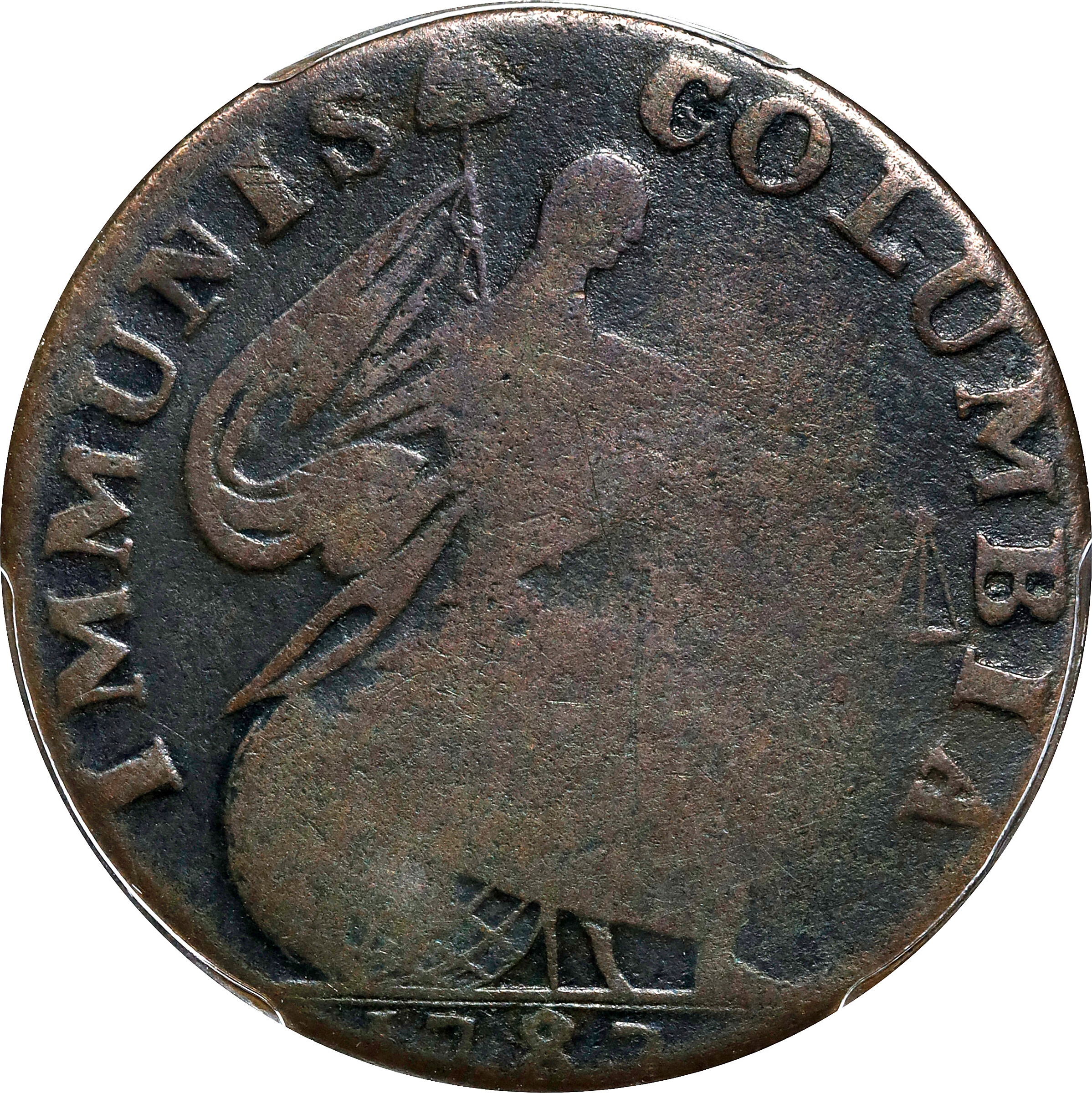 1787 Immunis Columbia Copper / Large Eagle Reverse. W-5680. Rarity-4+. Plain Edge, Narrow Planchet. Good-4 (PCGS).