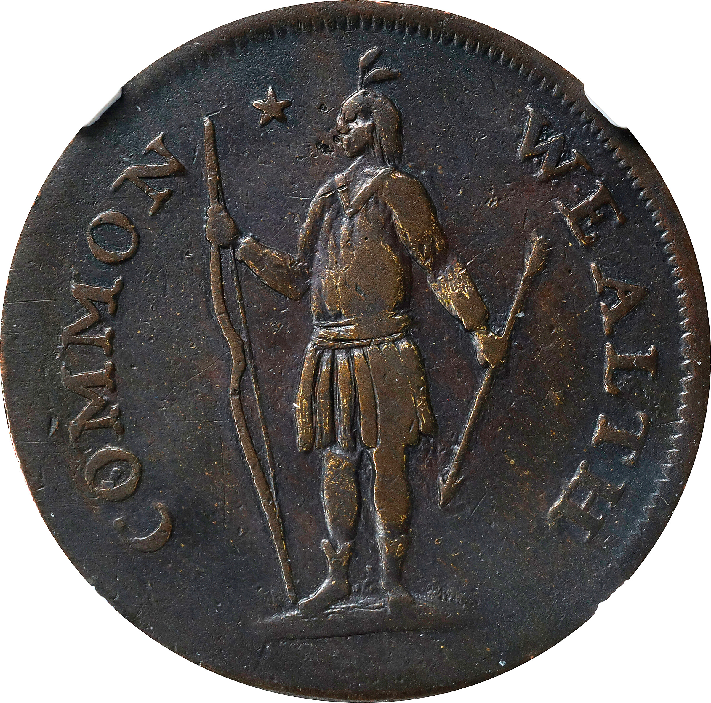 1787 Massachusetts Cent. Ryder 2-F, W-6070. Rarity-6. Transposed Arrows. EF-40 (NGC).