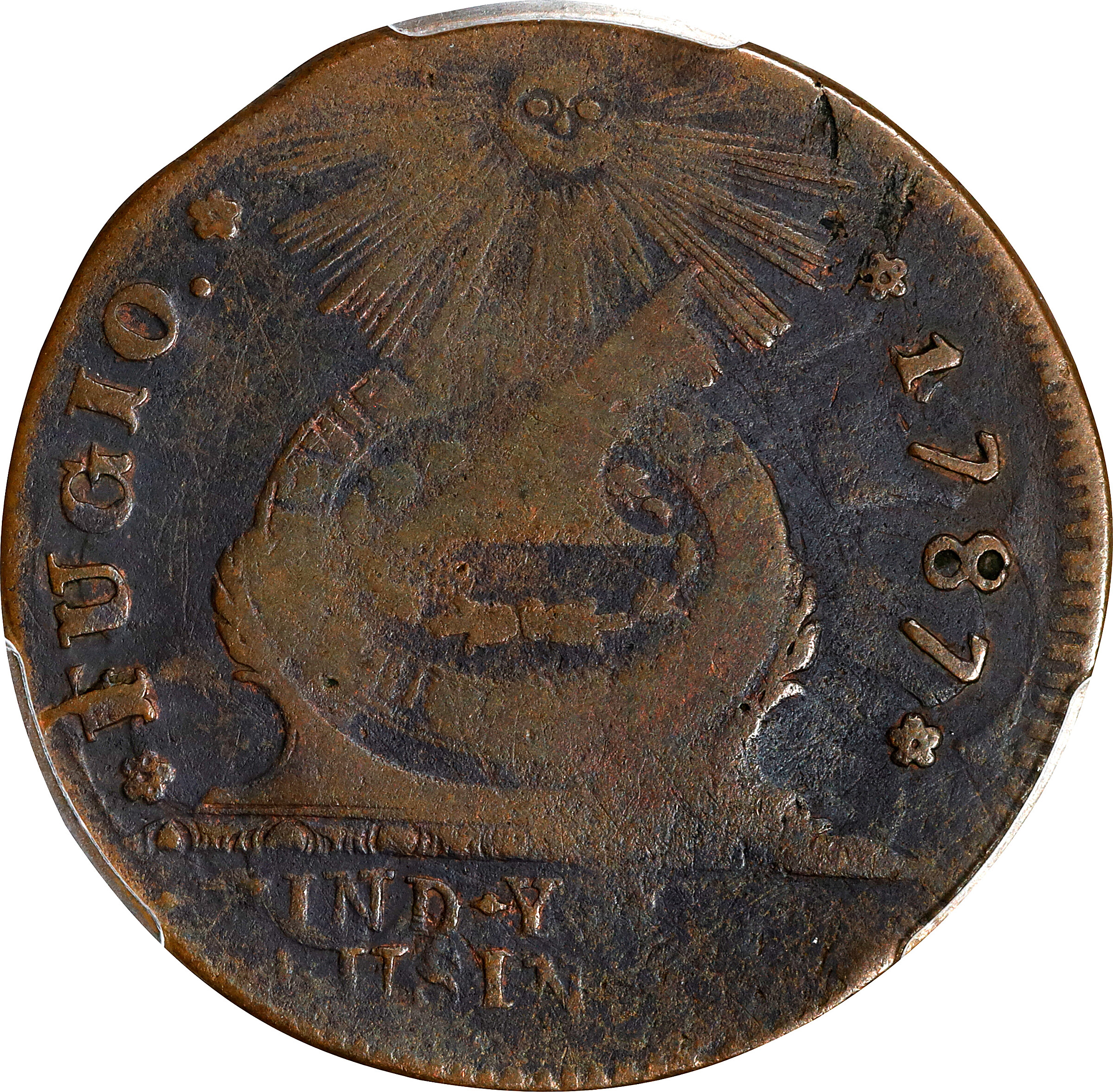 1787 Fugio Cent. Pointed Rays. Newman 10-G, W-6700. Rarity-5. UNITED STATES, 1/Horizontal 1. VG-10 (PCGS).